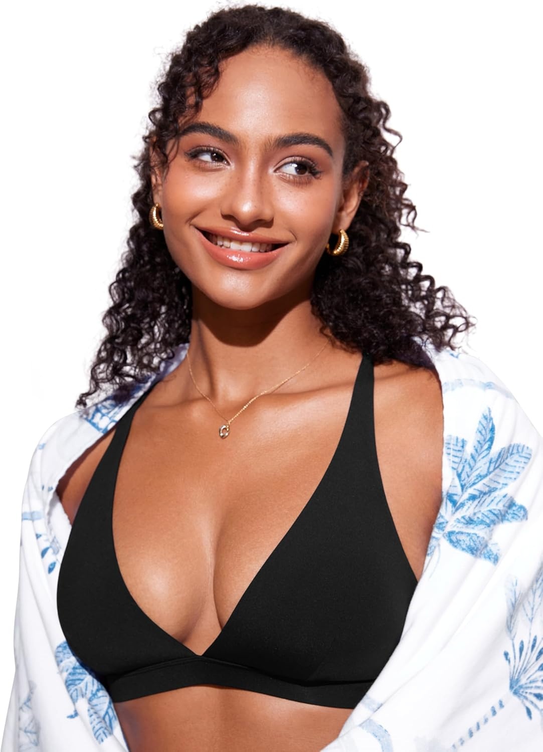 image:imageCRZ YOGA Deep V Neck Bikini Tops for Women Padded Criss Cross Back Triangle Sexy Swim Bathing Suit BraBlack