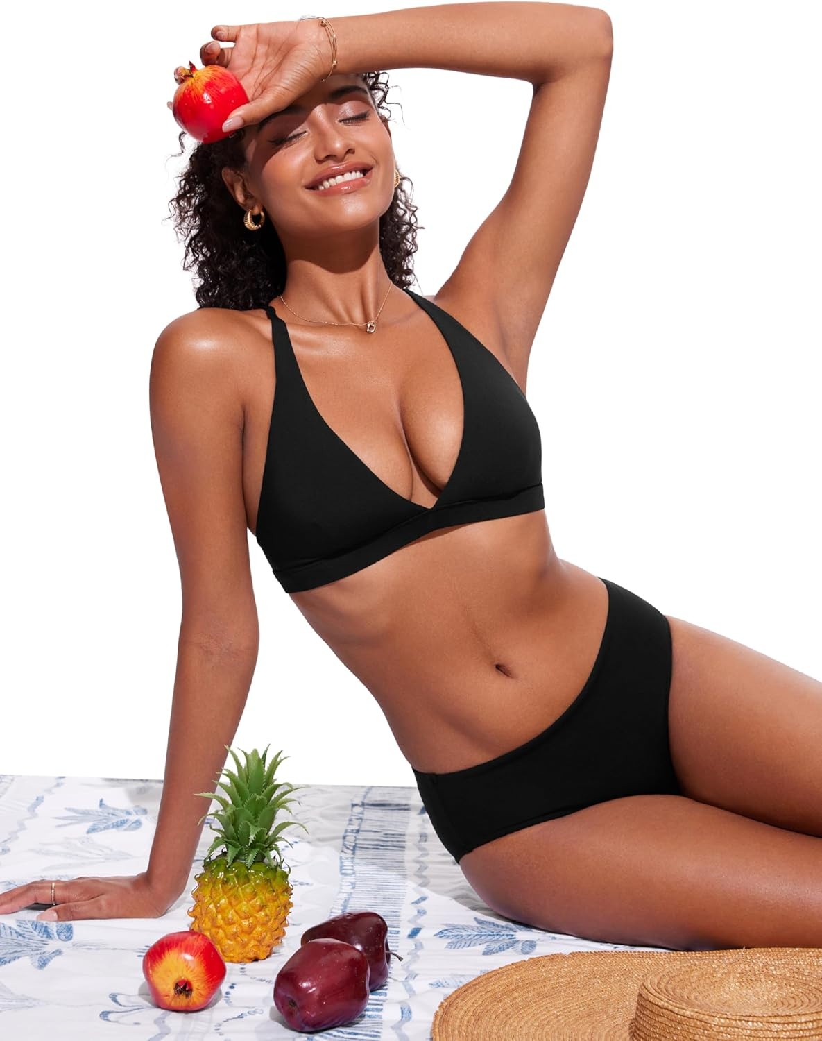 image:imageCRZ YOGA Deep V Neck Bikini Tops for Women Padded Criss Cross Back Triangle Sexy Swim Bathing Suit BraBlack