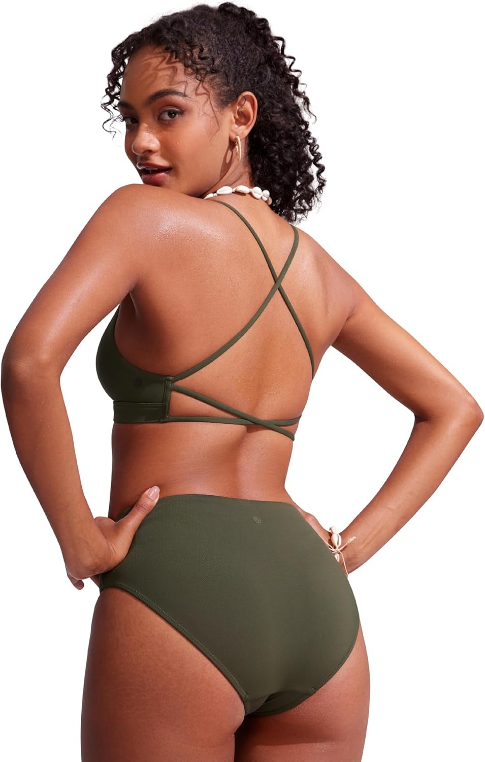 image:imageCRZ YOGA Deep V Neck Bikini Tops for Women Padded Criss Cross Back Triangle Sexy Swim Bathing Suit BraDark Olive