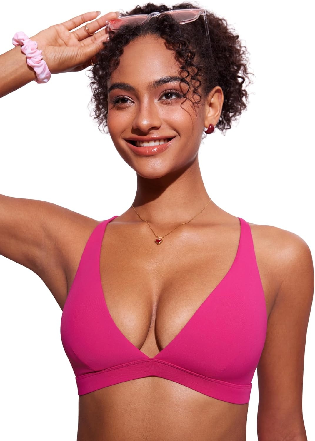image:imageCRZ YOGA Deep V Neck Bikini Tops for Women Padded Criss Cross Back Triangle Sexy Swim Bathing Suit BraGranita Pink