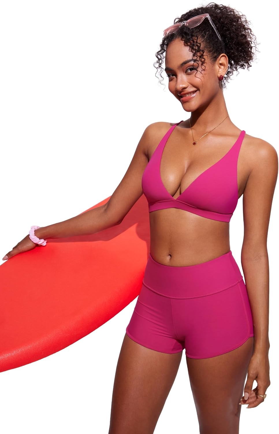 image:imageCRZ YOGA Deep V Neck Bikini Tops for Women Padded Criss Cross Back Triangle Sexy Swim Bathing Suit BraGranita Pink