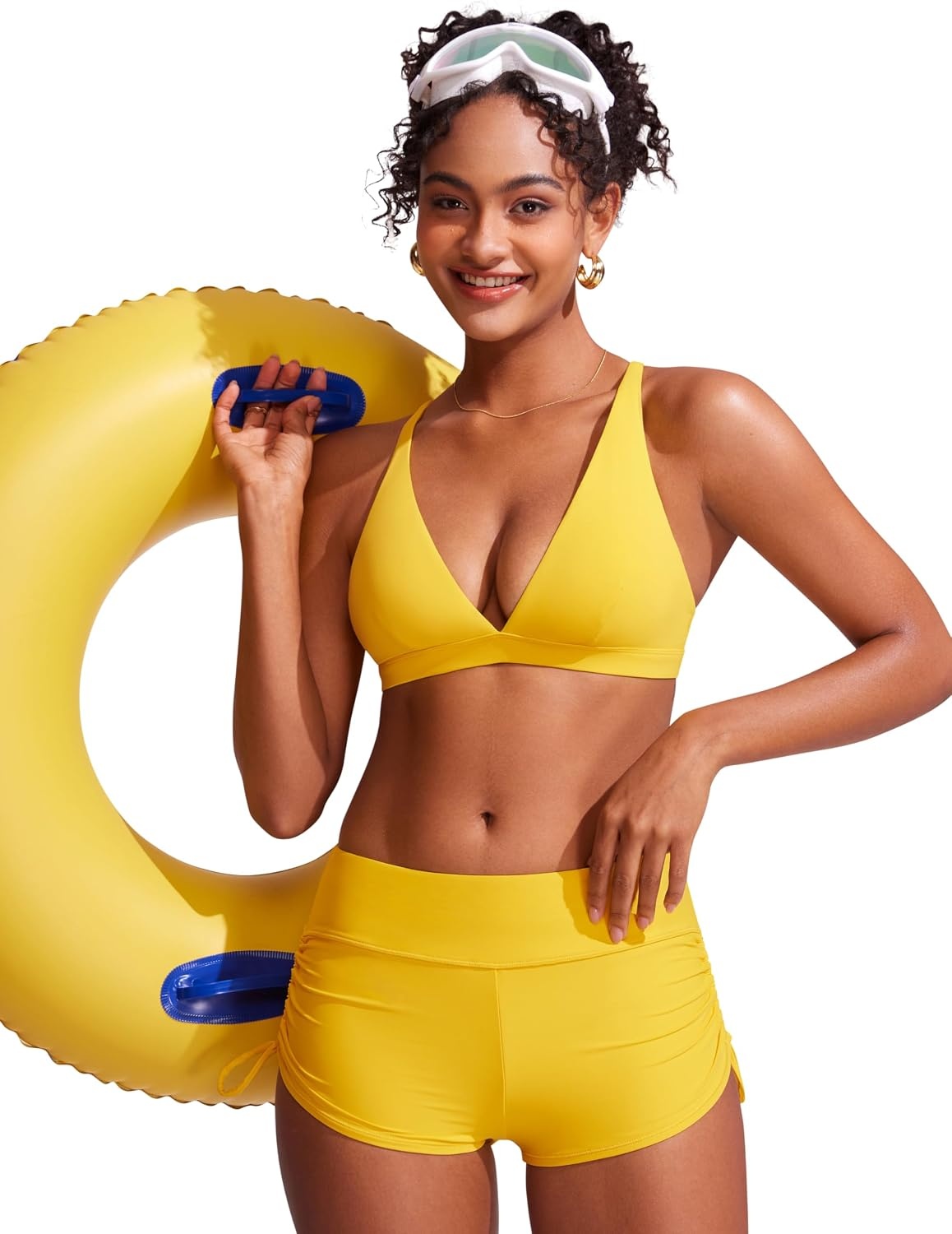image:imageCRZ YOGA Deep V Neck Bikini Tops for Women Padded Criss Cross Back Triangle Sexy Swim Bathing Suit BraHigh Visibility Yellow