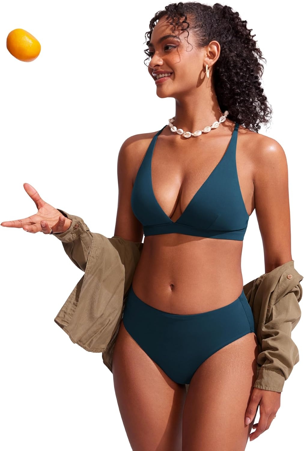 image:imageCRZ YOGA Deep V Neck Bikini Tops for Women Padded Criss Cross Back Triangle Sexy Swim Bathing Suit BraInsignia Blue