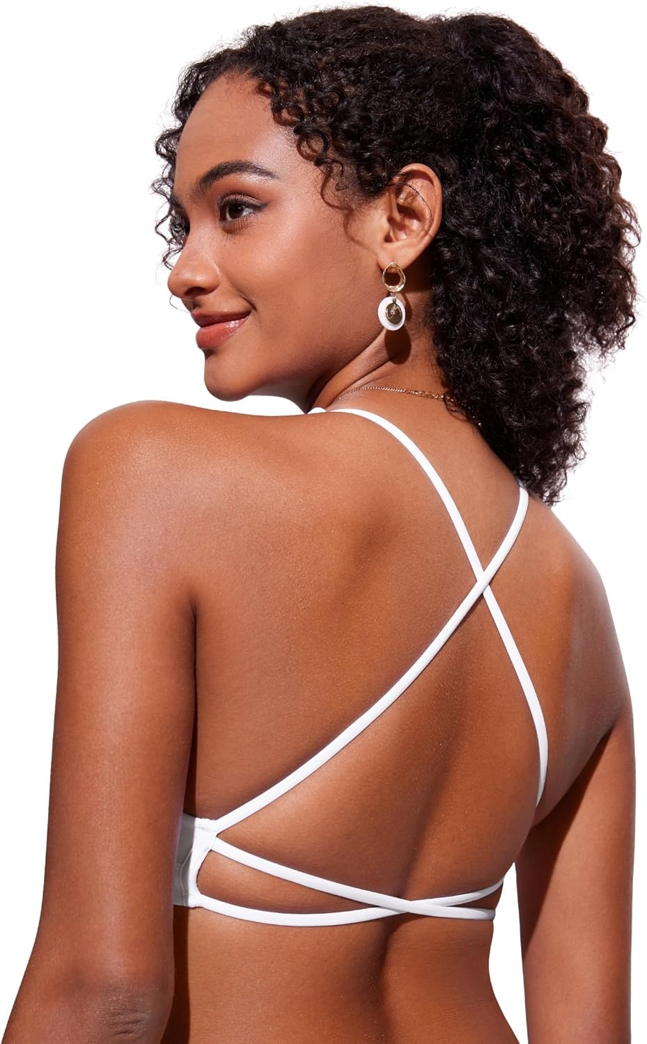 image:imageCRZ YOGA Deep V Neck Bikini Tops for Women Padded Criss Cross Back Triangle Sexy Swim Bathing Suit BraWhite