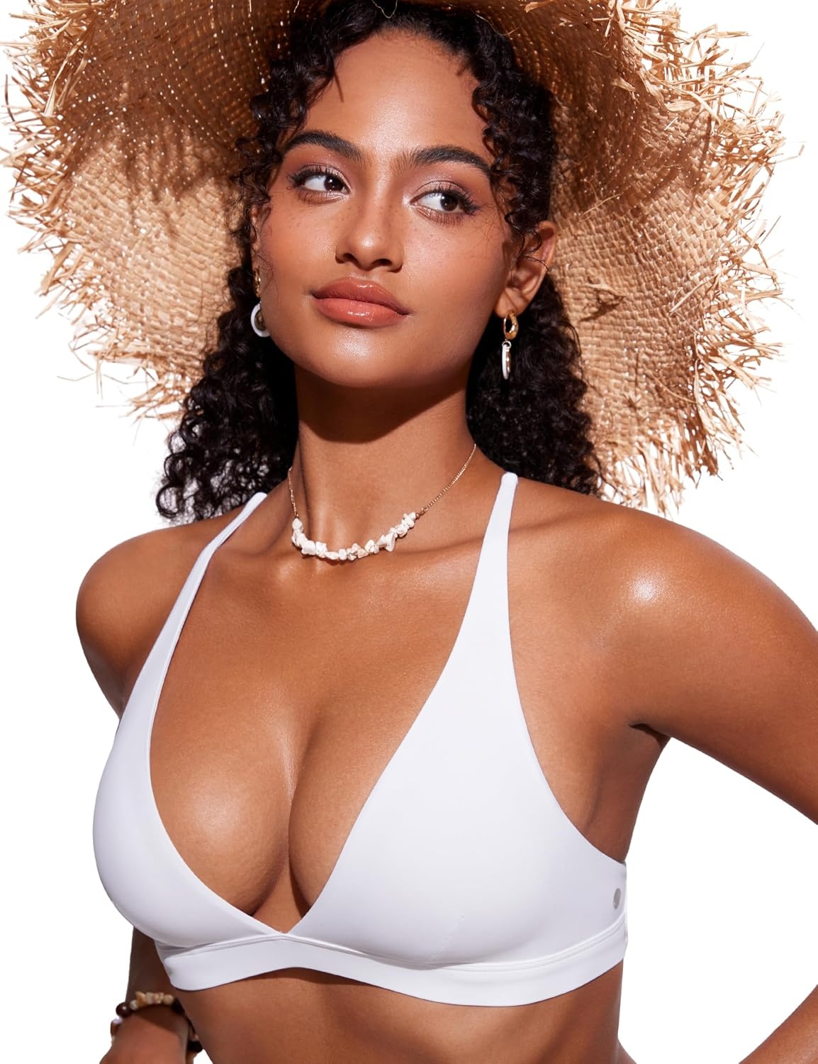 image:imageCRZ YOGA Deep V Neck Bikini Tops for Women Padded Criss Cross Back Triangle Sexy Swim Bathing Suit BraWhite