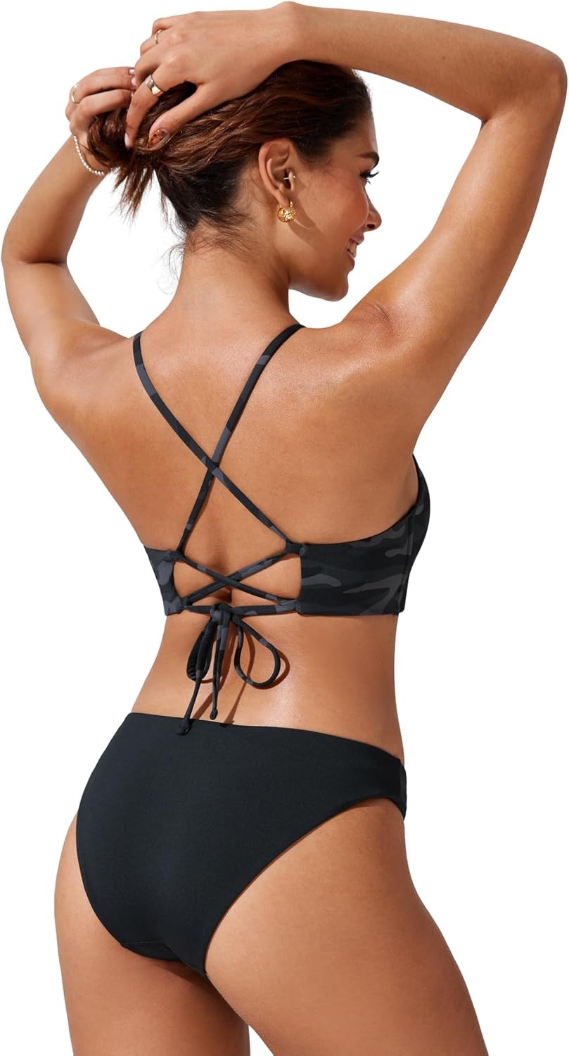 image:imageCRZ YOGA High Neck Bikini Tops for Women Padded Crisscross Tie Back Bathing Suit Swim BraJungle Camouflage Gray