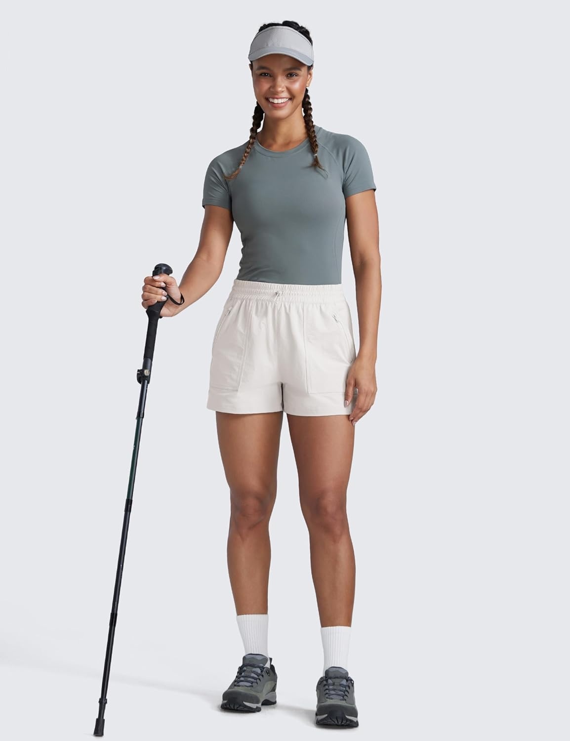 image:imageCRZ YOGA High Waisted Hiking Shorts for Women 3 Water Resistant Cargo for Athletic Travel Outdoor with Zip PocketsMilky White Bone