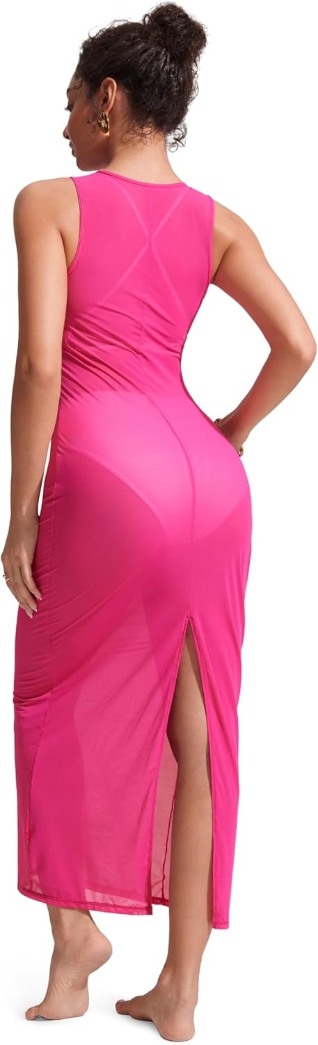 image:imageCRZ YOGA Mesh Maxi Cover Up Dress for Women Sleeveless Swim Bathing Suit Beach Coverups with Back SlitGranita Pink