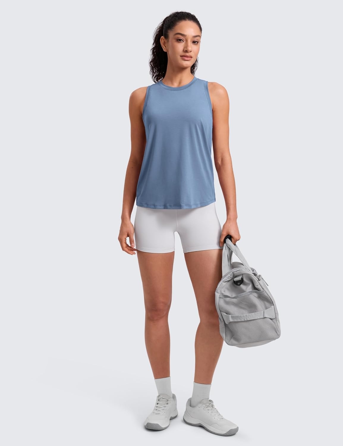 image:imageCRZ YOGA Quick Dry Racerback Tank Tops for Women Hip Length Workout Athletic Running Gym Sleeveless Shirts CrewneckWashed Denim