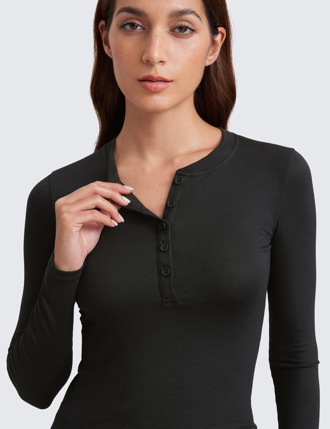 image:imageCRZ YOGA Ribbed Modal Henley Shirts for Women Comfort Casual Knit Long Sleeve Tops Soft Stretchy Basic Fitted LayeringBlack