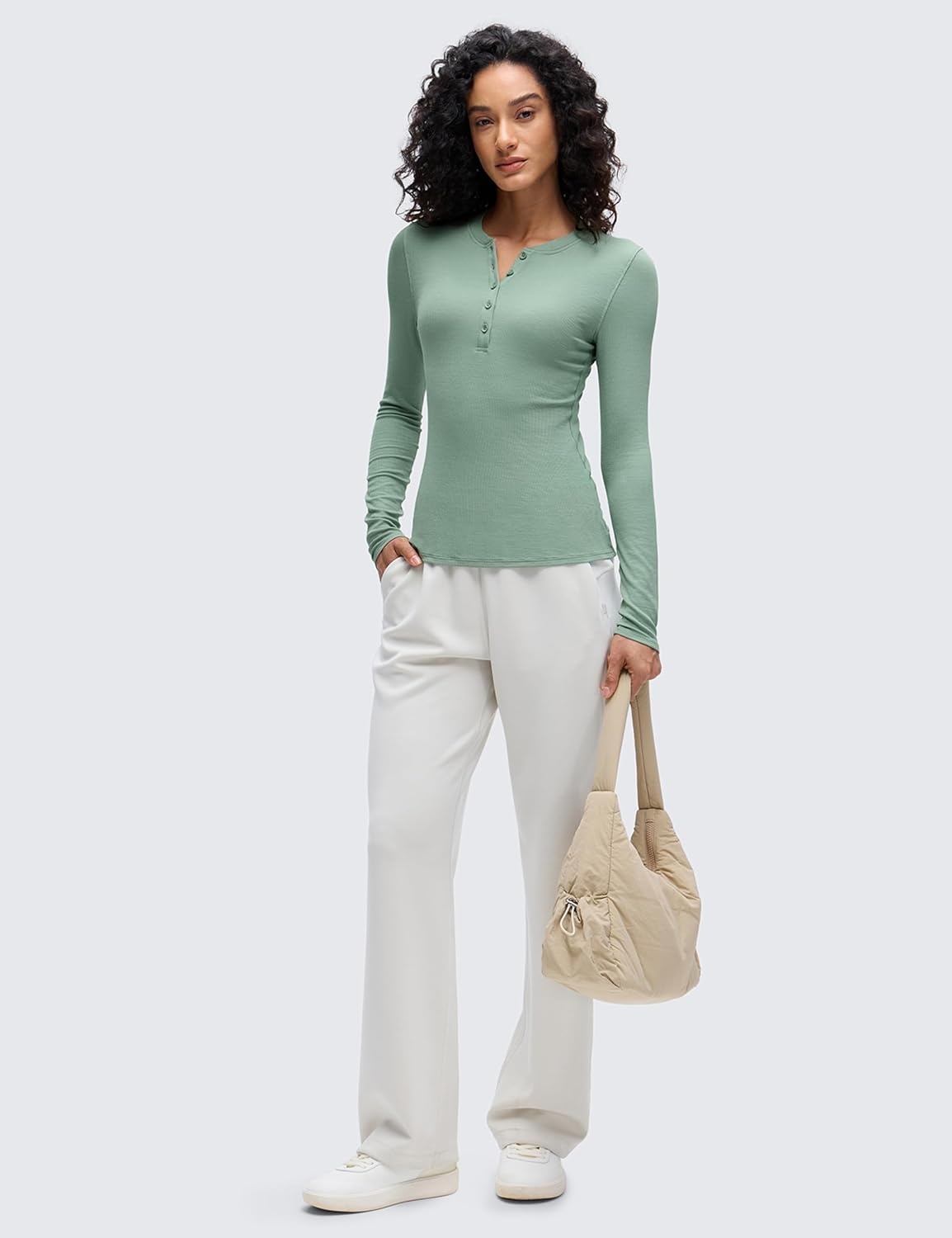image:imageCRZ YOGA Ribbed Modal Henley Shirts for Women Comfort Casual Knit Long Sleeve Tops Soft Stretchy Basic Fitted LayeringGreen Palm Court