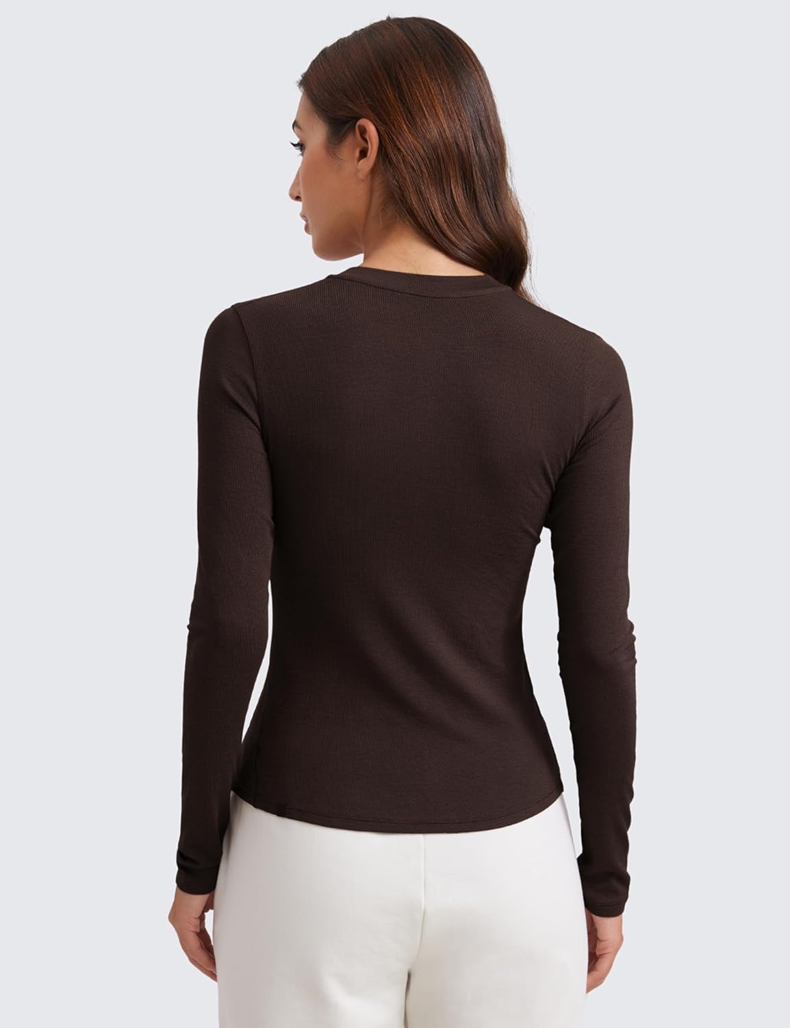 image:imageCRZ YOGA Ribbed Modal Henley Shirts for Women Comfort Casual Knit Long Sleeve Tops Soft Stretchy Basic Fitted LayeringHot Fudge Brown