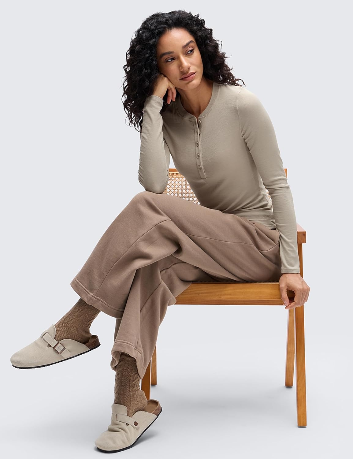 image:imageCRZ YOGA Ribbed Modal Henley Shirts for Women Comfort Casual Knit Long Sleeve Tops Soft Stretchy Basic Fitted LayeringMojave Tan