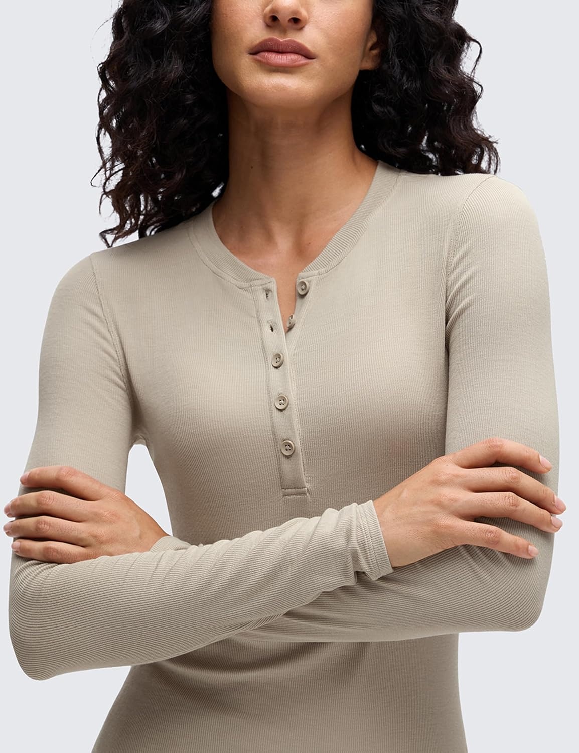 image:imageCRZ YOGA Ribbed Modal Henley Shirts for Women Comfort Casual Knit Long Sleeve Tops Soft Stretchy Basic Fitted LayeringMojave Tan