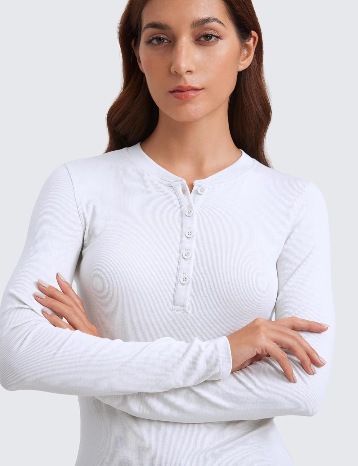 image:imageCRZ YOGA Ribbed Modal Henley Shirts for Women Comfort Casual Knit Long Sleeve Tops Soft Stretchy Basic Fitted LayeringWhite