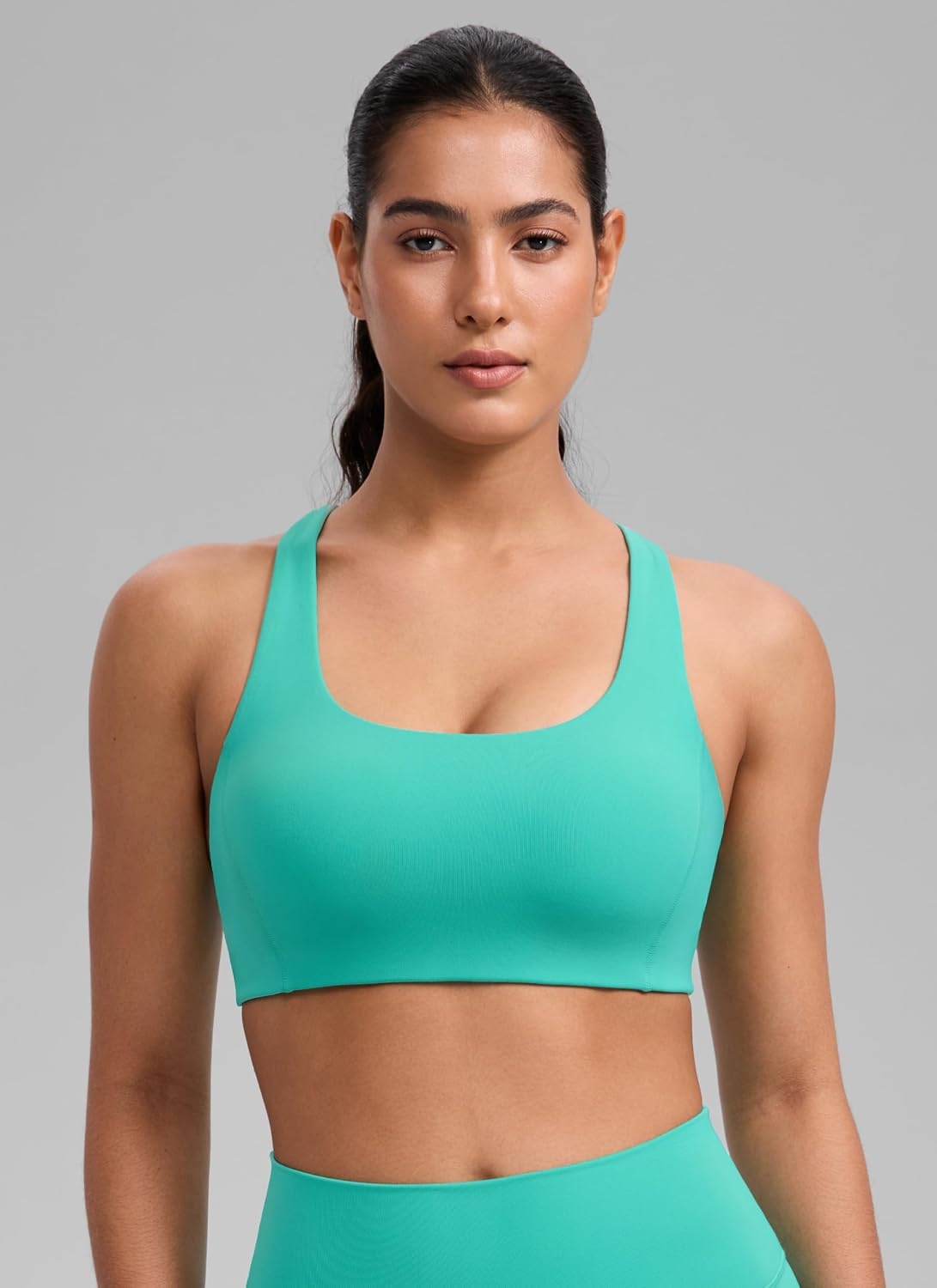 image:imageCRZ YOGA SculptAir Wide Straps Cross Back Sports Bras for Women U Neck Medium Impact Wireless Padded Workout TopAtlantis Green