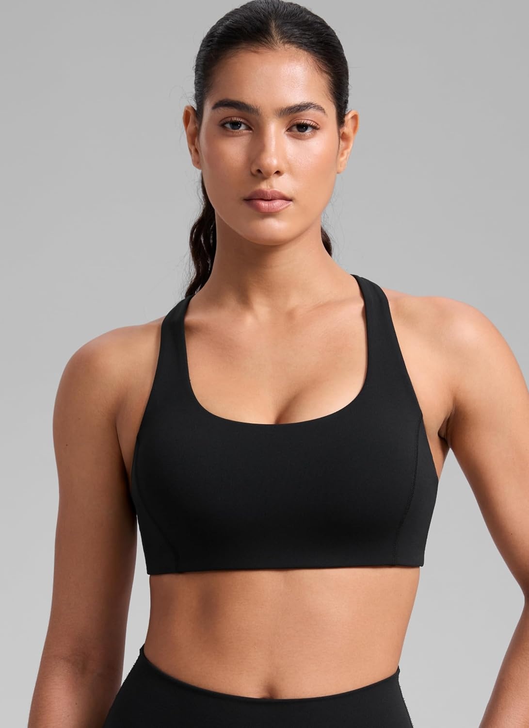 image:imageCRZ YOGA SculptAir Wide Straps Cross Back Sports Bras for Women U Neck Medium Impact Wireless Padded Workout TopBlack