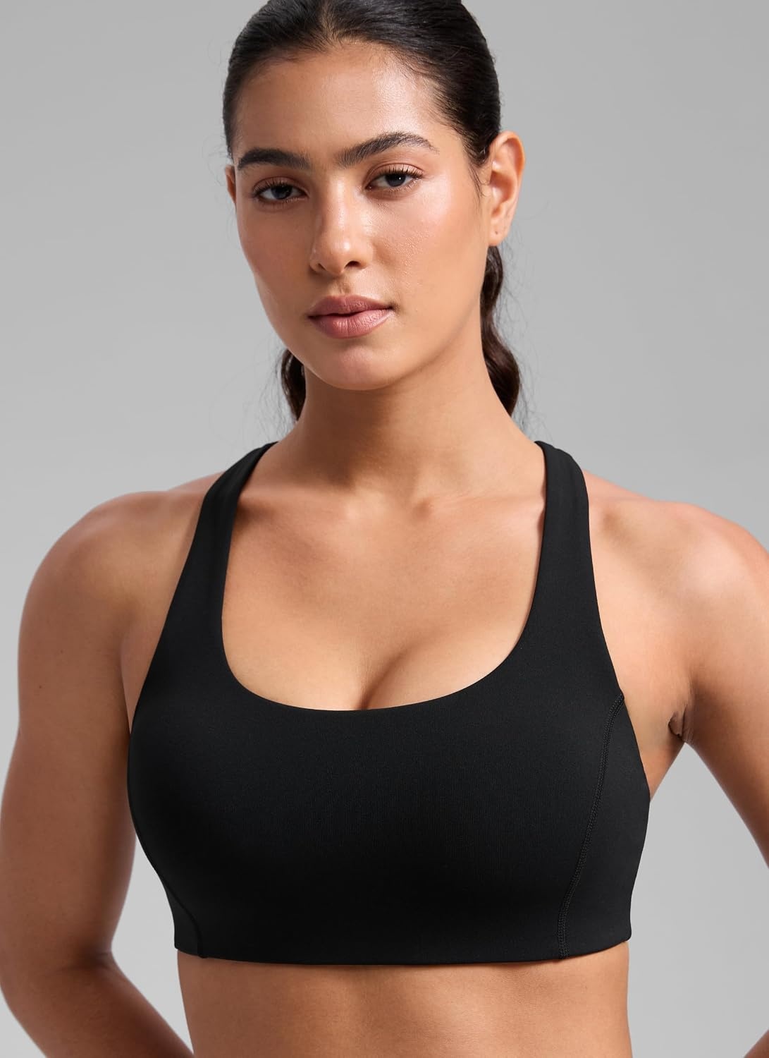 image:imageCRZ YOGA SculptAir Wide Straps Cross Back Sports Bras for Women U Neck Medium Impact Wireless Padded Workout TopBlack
