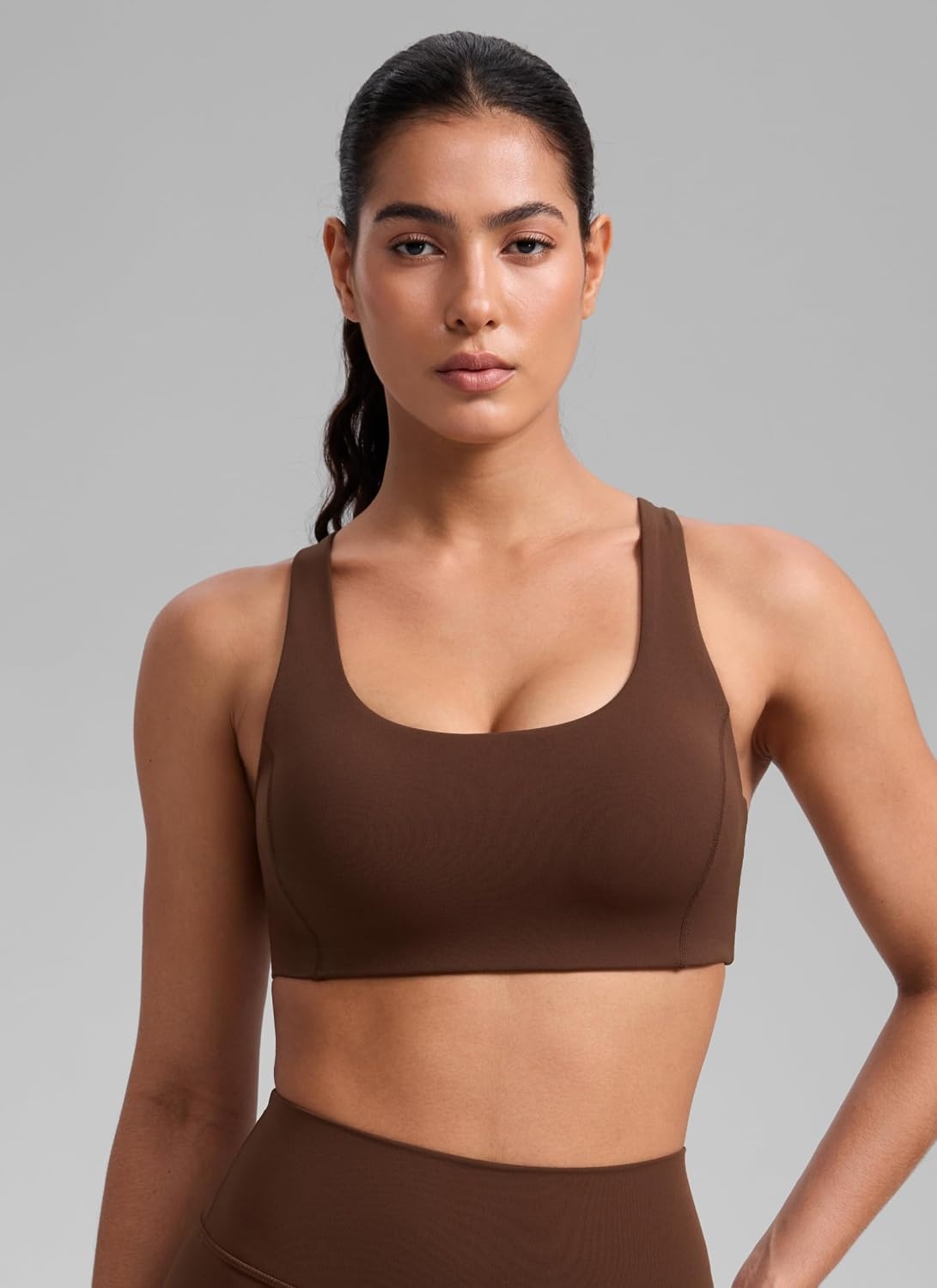 image:imageCRZ YOGA SculptAir Wide Straps Cross Back Sports Bras for Women U Neck Medium Impact Wireless Padded Workout TopLava Brown