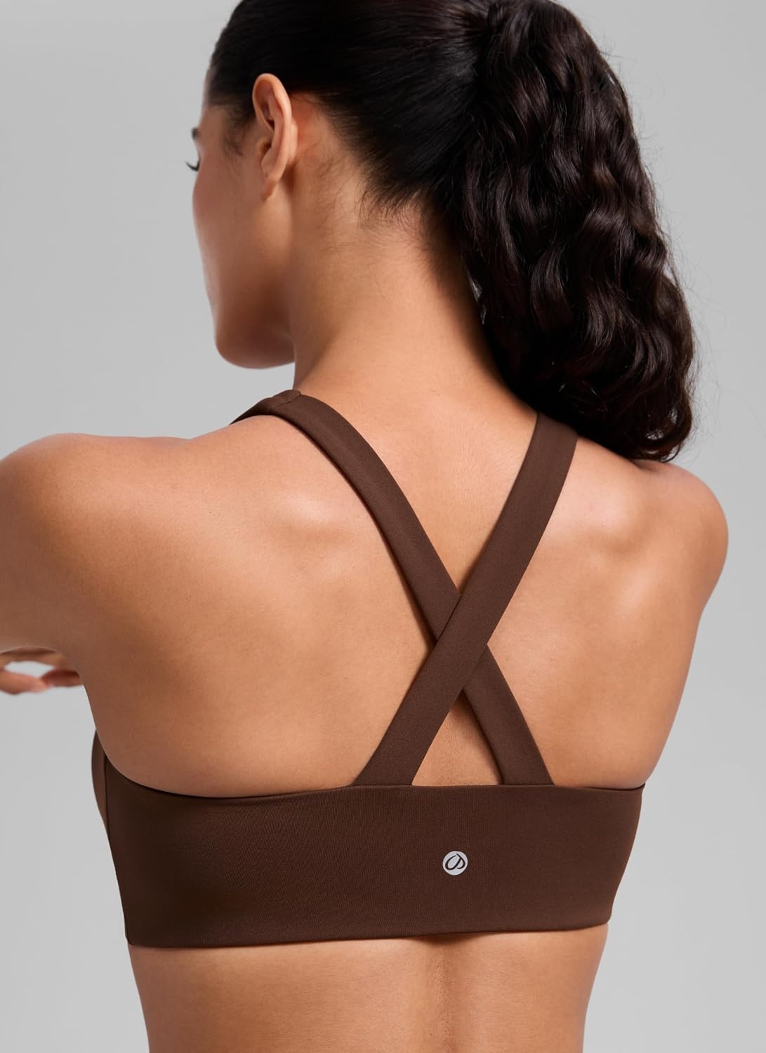 image:imageCRZ YOGA SculptAir Wide Straps Cross Back Sports Bras for Women U Neck Medium Impact Wireless Padded Workout TopLava Brown