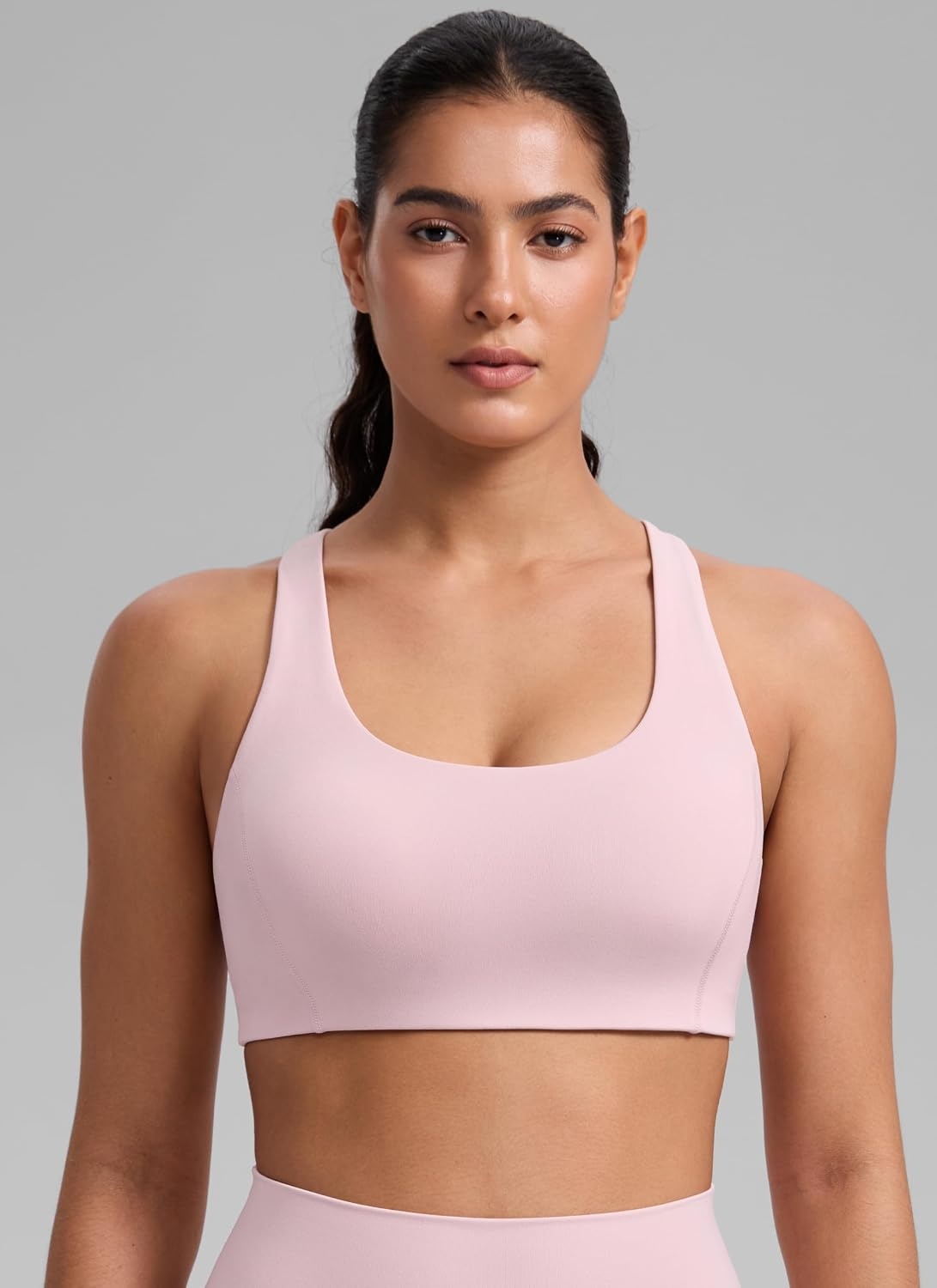 image:imageCRZ YOGA SculptAir Wide Straps Cross Back Sports Bras for Women U Neck Medium Impact Wireless Padded Workout TopPink Haze