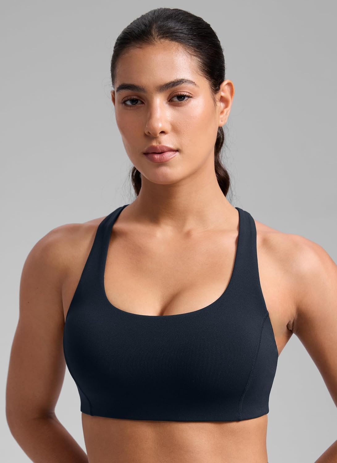 image:imageCRZ YOGA SculptAir Wide Straps Cross Back Sports Bras for Women U Neck Medium Impact Wireless Padded Workout TopTrue Navy