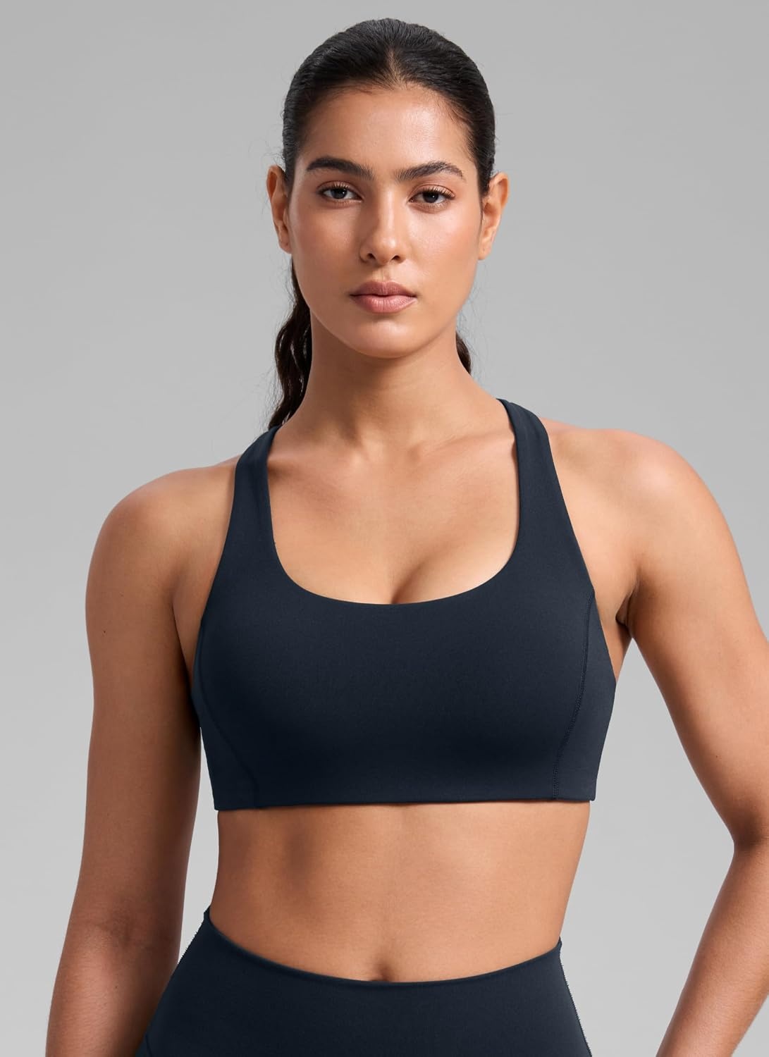 image:imageCRZ YOGA SculptAir Wide Straps Cross Back Sports Bras for Women U Neck Medium Impact Wireless Padded Workout TopTrue Navy
