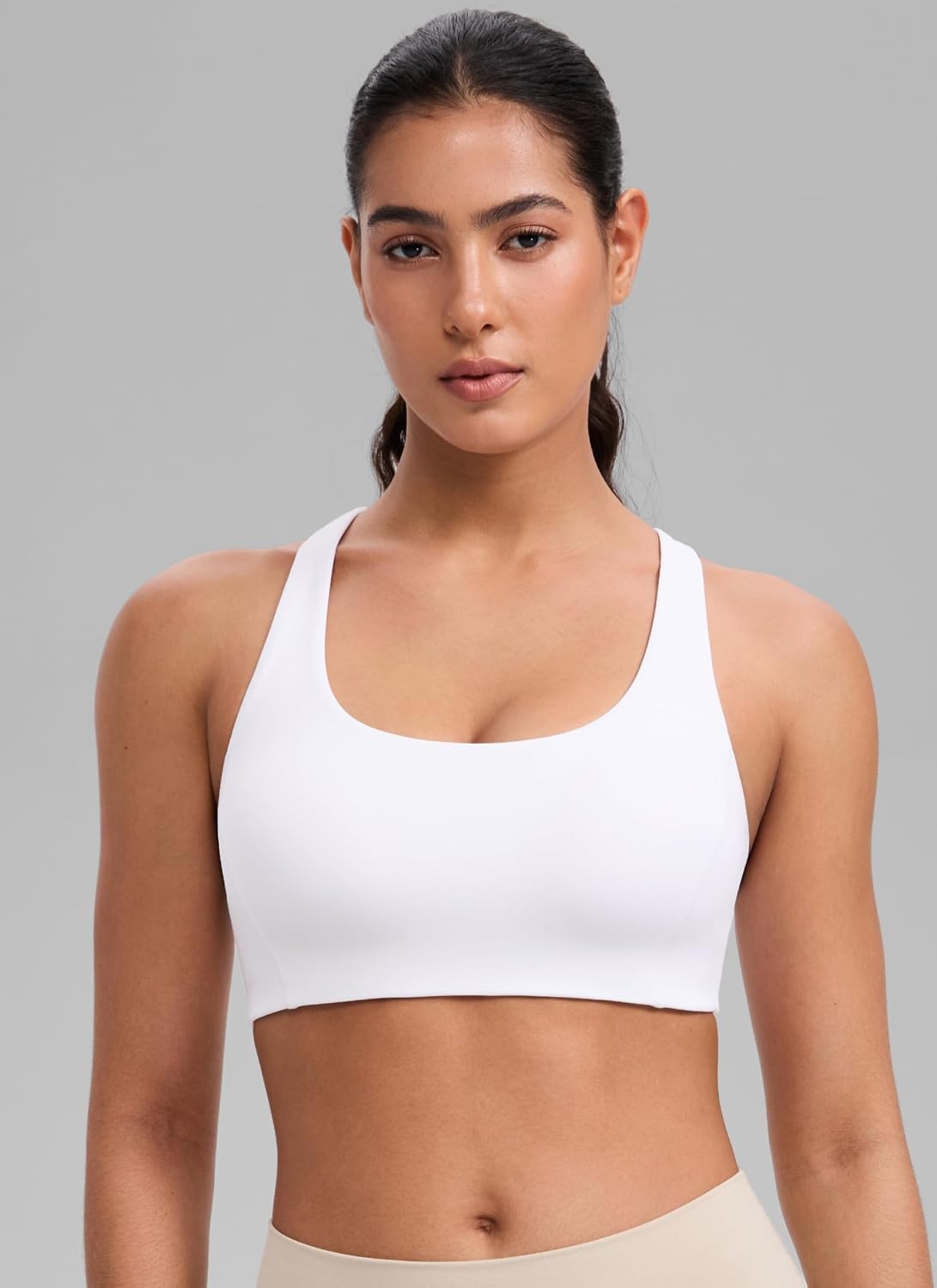 image:imageCRZ YOGA SculptAir Wide Straps Cross Back Sports Bras for Women U Neck Medium Impact Wireless Padded Workout TopWhite