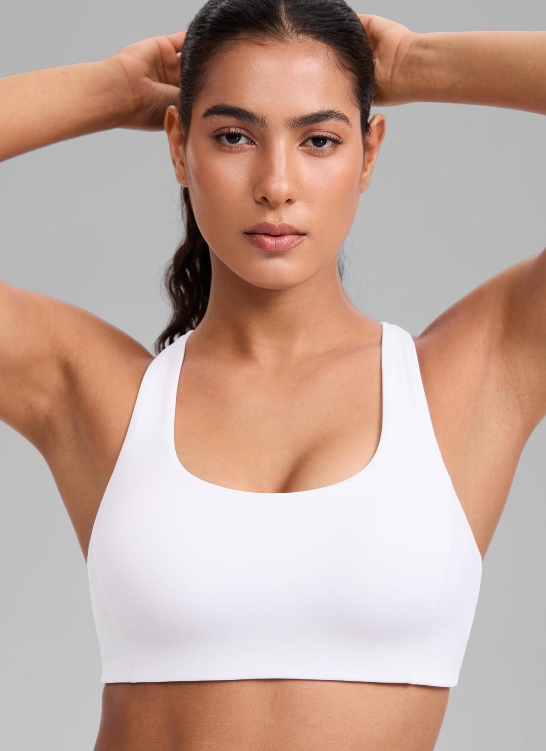 image:imageCRZ YOGA SculptAir Wide Straps Cross Back Sports Bras for Women U Neck Medium Impact Wireless Padded Workout TopWhite