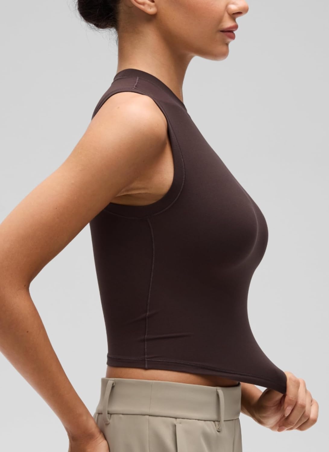 image:imageCRZ YOGA Softembrace Crop High Neck Tank Tops for Women Soft Going Out Casual Crewneck Basic Tight Summer Sleeveless ShirtsHot Fudge Brown