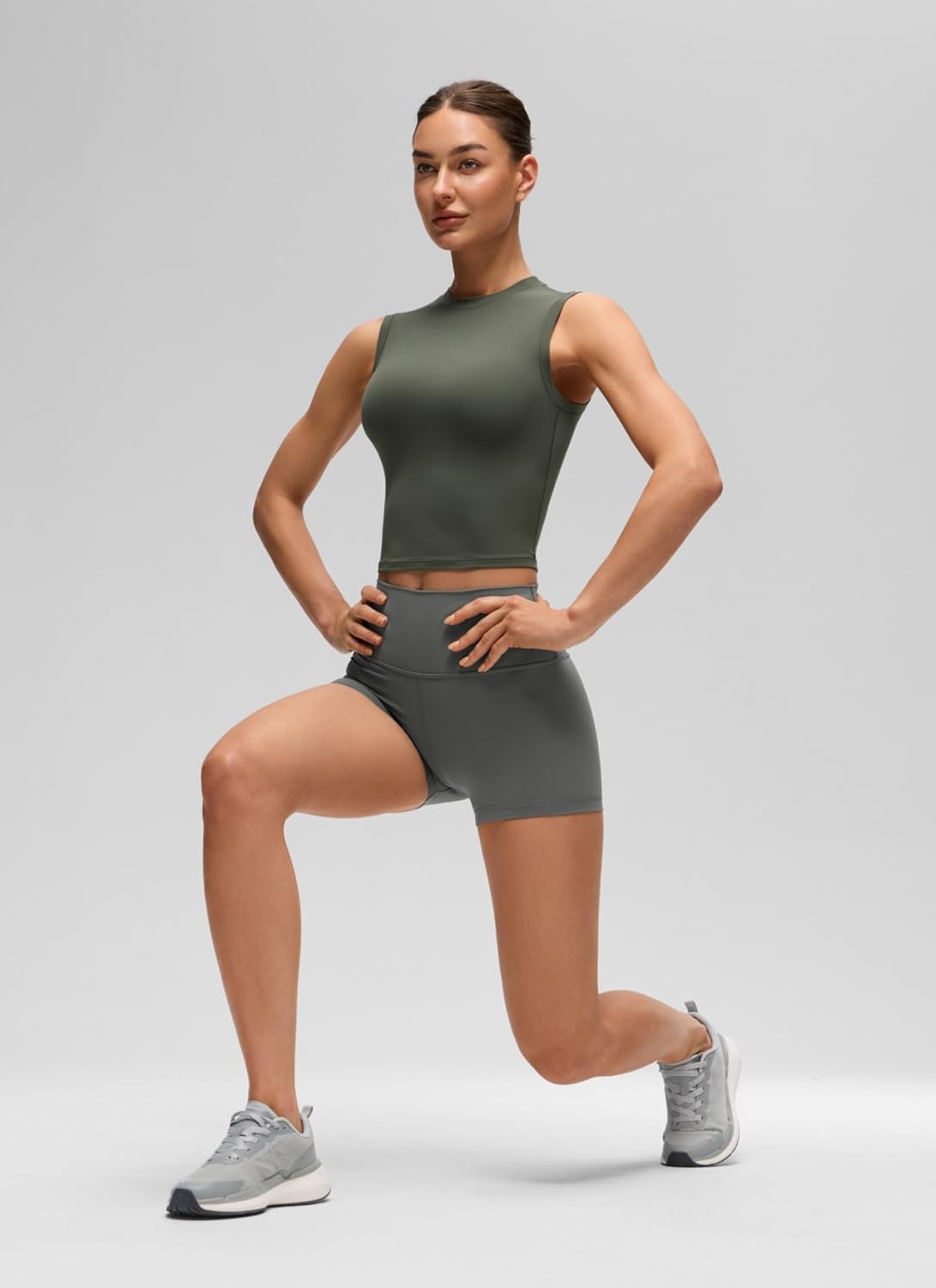 image:imageCRZ YOGA Softembrace Crop High Neck Tank Tops for Women Soft Going Out Casual Crewneck Basic Tight Summer Sleeveless ShirtsLight Army Green