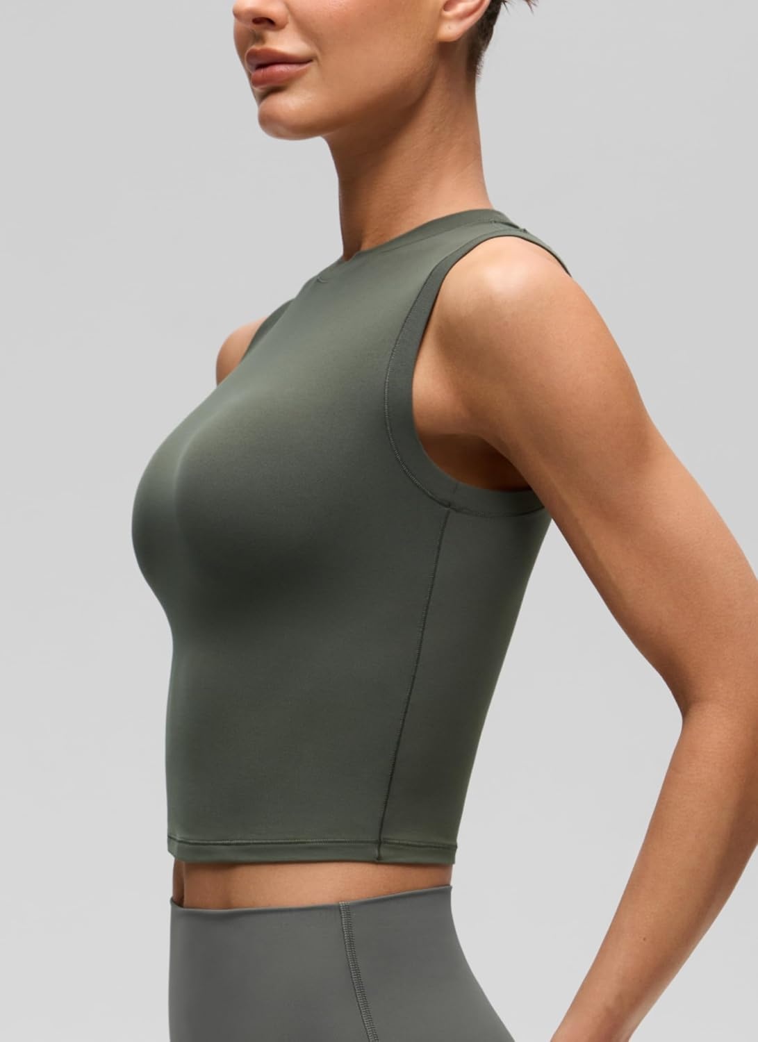 image:imageCRZ YOGA Softembrace Crop High Neck Tank Tops for Women Soft Going Out Casual Crewneck Basic Tight Summer Sleeveless ShirtsLight Army Green