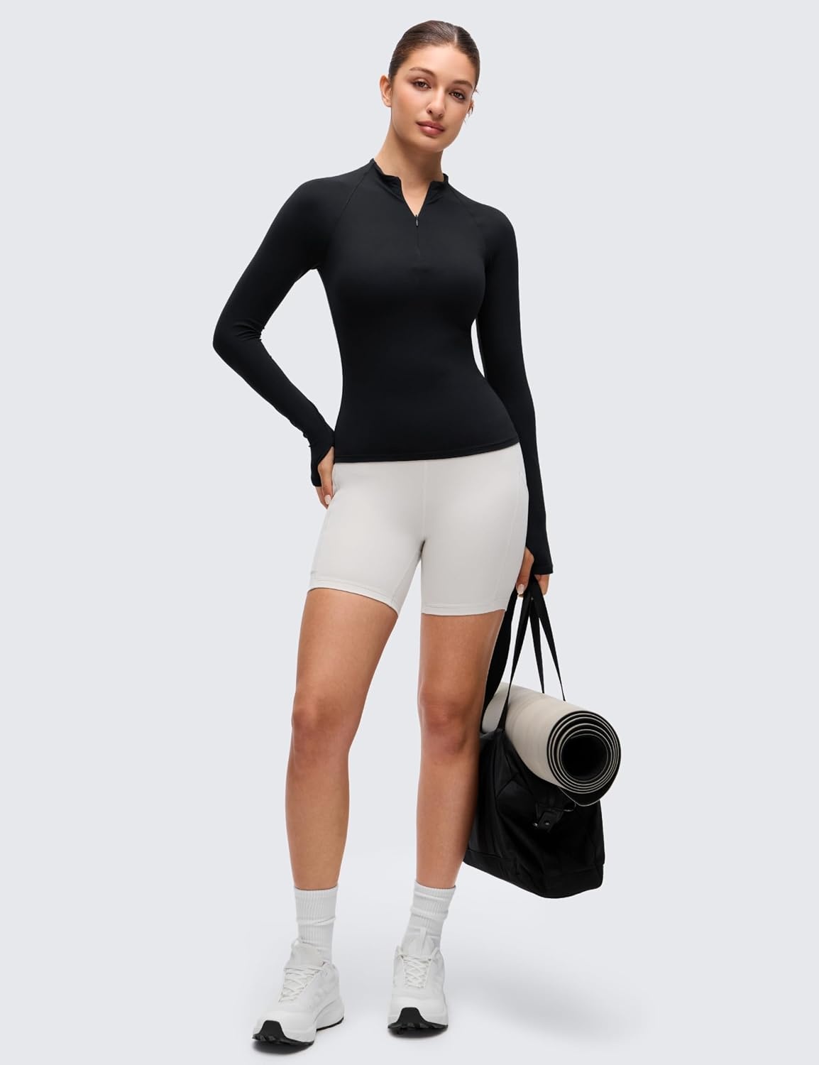 image:imageCRZ YOGA Softembrace Half Zip Long Sleeve Shirts for Women Casual Going Out Tops Soft Quarter Zipper Tees with Thumb HolesBlack