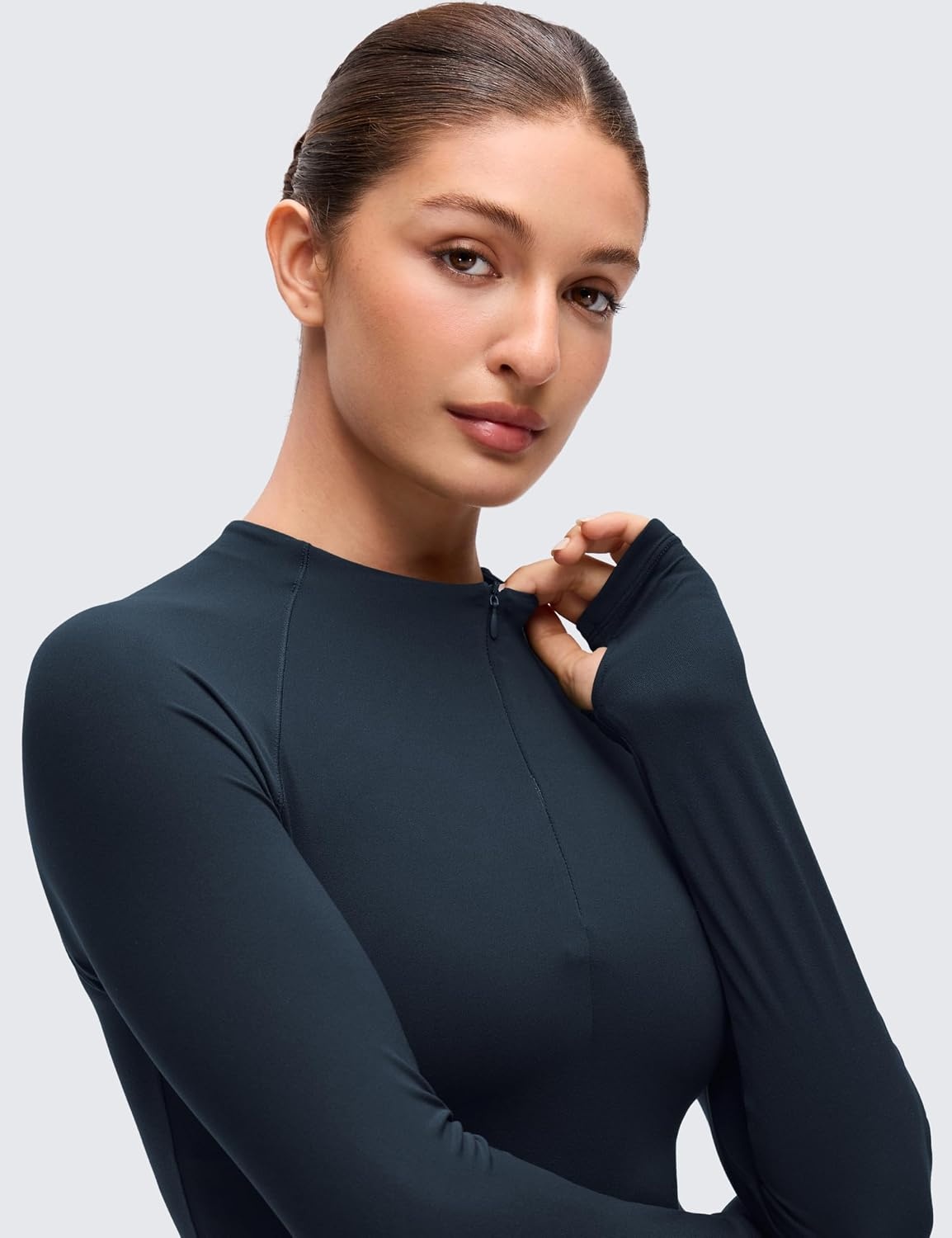 image:imageCRZ YOGA Softembrace Half Zip Long Sleeve Shirts for Women Casual Going Out Tops Soft Quarter Zipper Tees with Thumb HolesTrue Navy