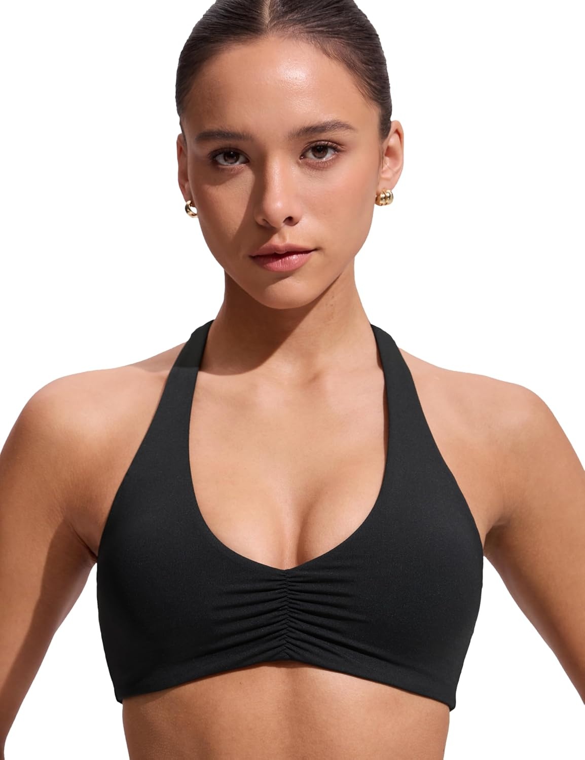 image:imageCRZ YOGA Womens Ruched Front Halter Bikini Tops Swim Bathing Suit Scoop Neck Backless Swimsuit PaddedBlack