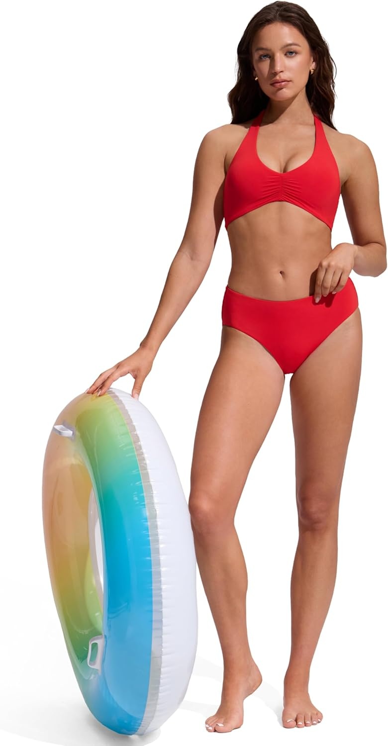image:imageCRZ YOGA Womens Ruched Front Halter Bikini Tops Swim Bathing Suit Scoop Neck Backless Swimsuit PaddedDeep Red