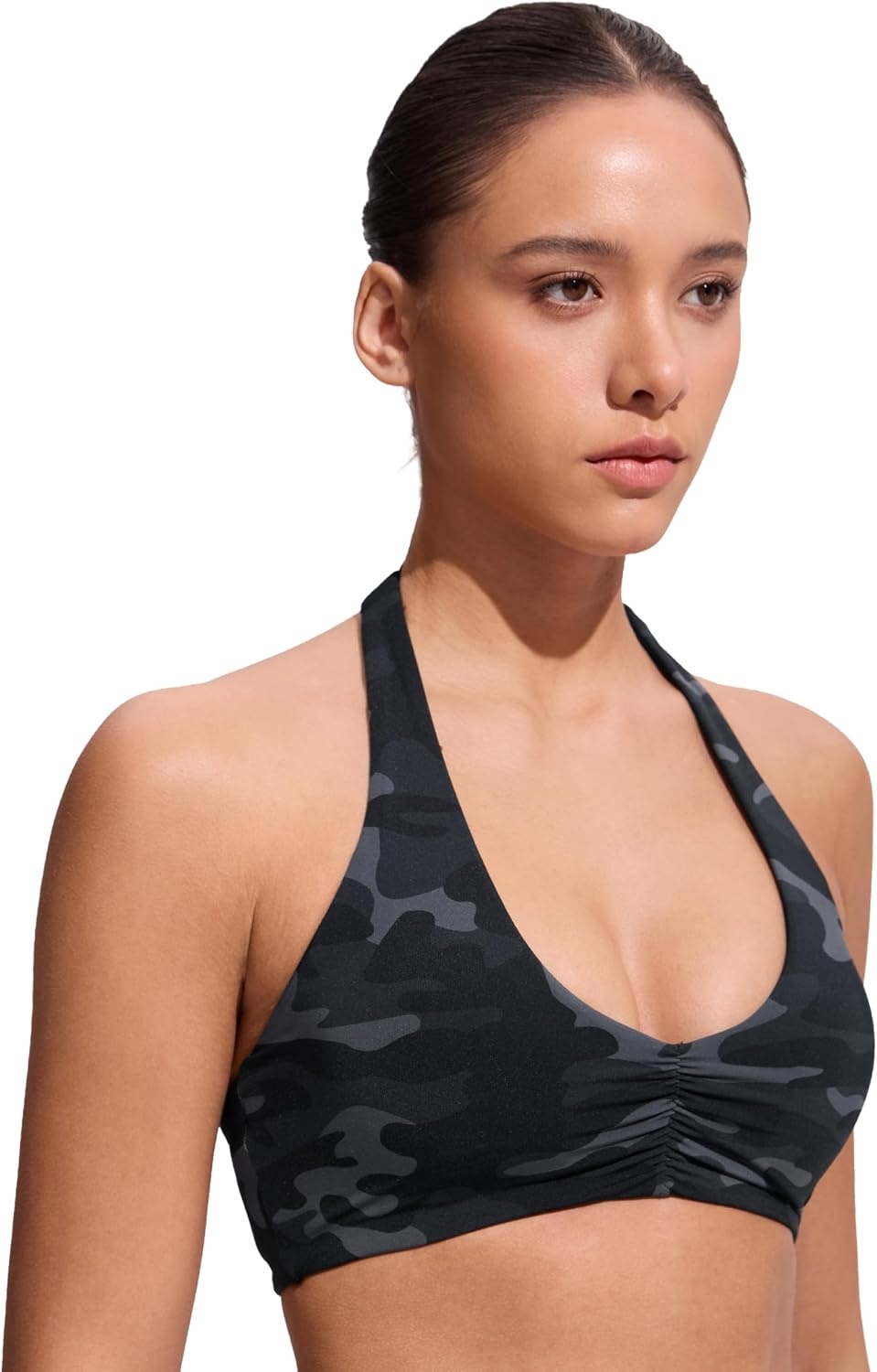 image:imageCRZ YOGA Womens Ruched Front Halter Bikini Tops Swim Bathing Suit Scoop Neck Backless Swimsuit PaddedJungle Camouflage Gray