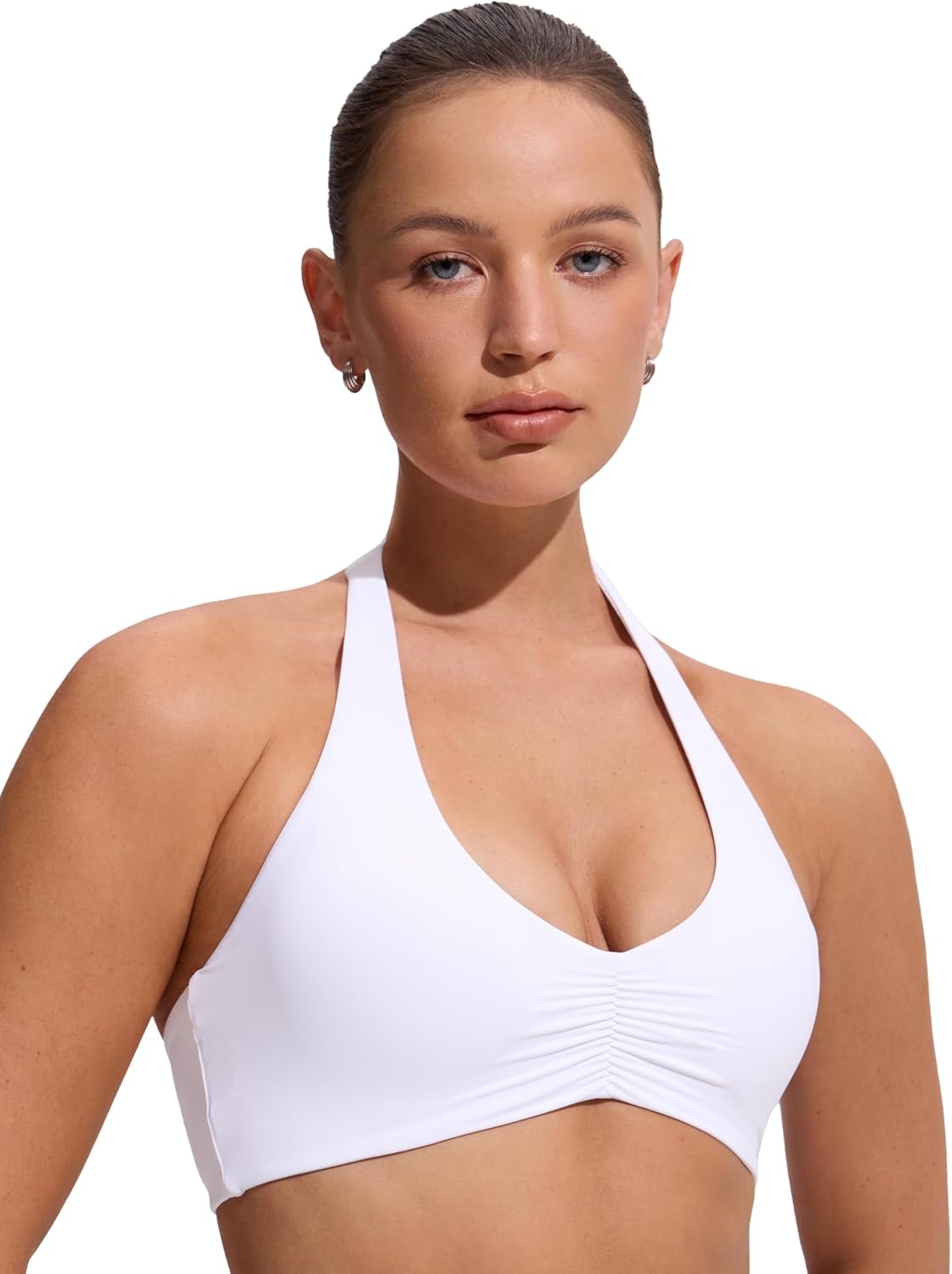 image:imageCRZ YOGA Womens Ruched Front Halter Bikini Tops Swim Bathing Suit Scoop Neck Backless Swimsuit PaddedWhite