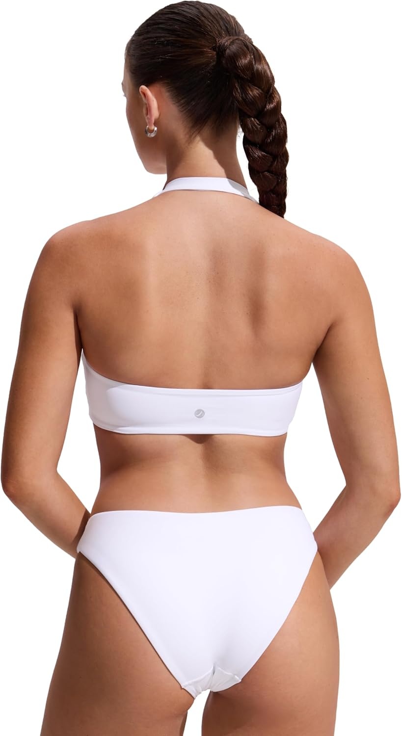 image:imageCRZ YOGA Womens Ruched Front Halter Bikini Tops Swim Bathing Suit Scoop Neck Backless Swimsuit PaddedWhite