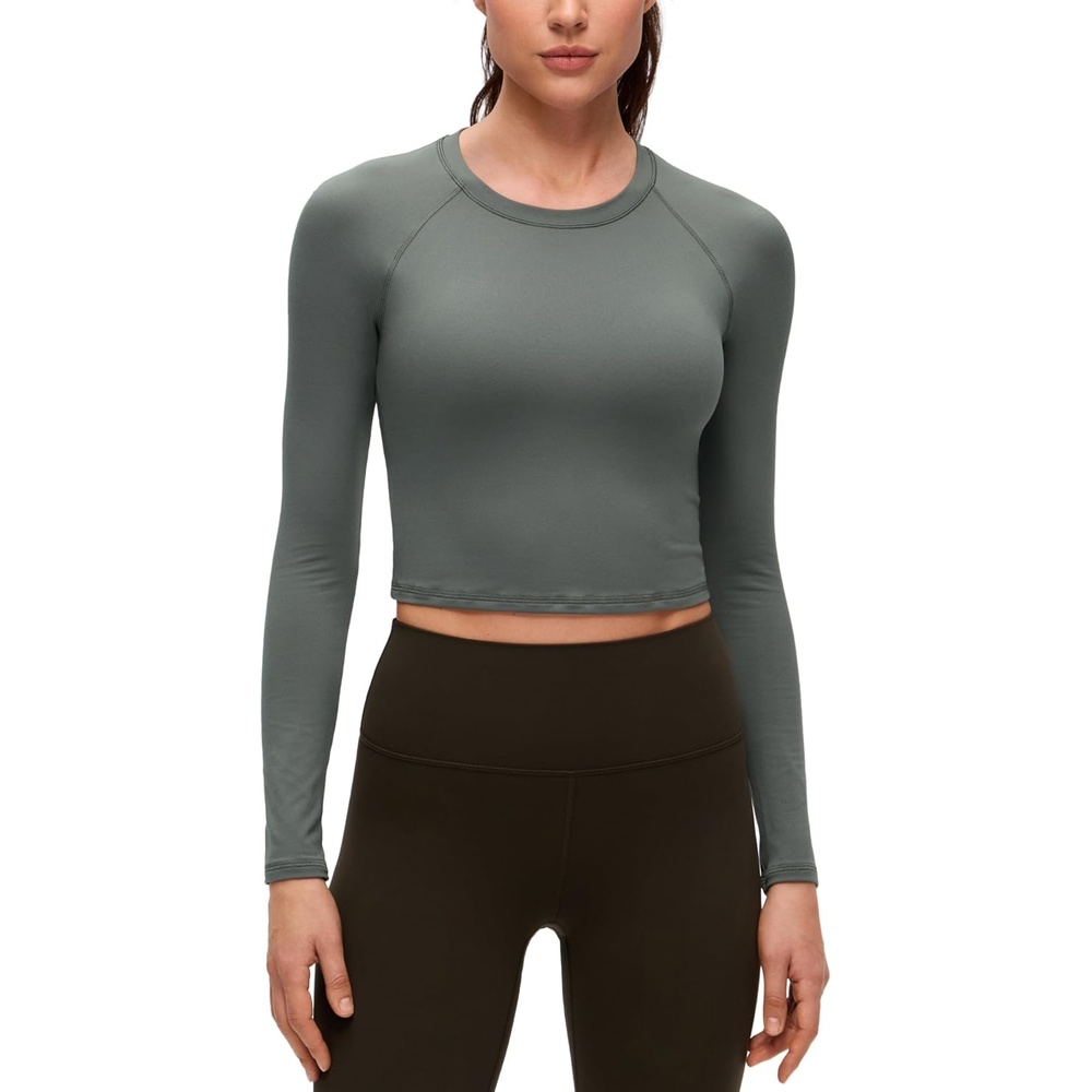 image:imageCRZ YOGA Brushed Workout Long Sleeve Shirts for Women Warm Athletic Running Gym Yoga Tops Breathable Crop Crewneck TeesGrey Sage
