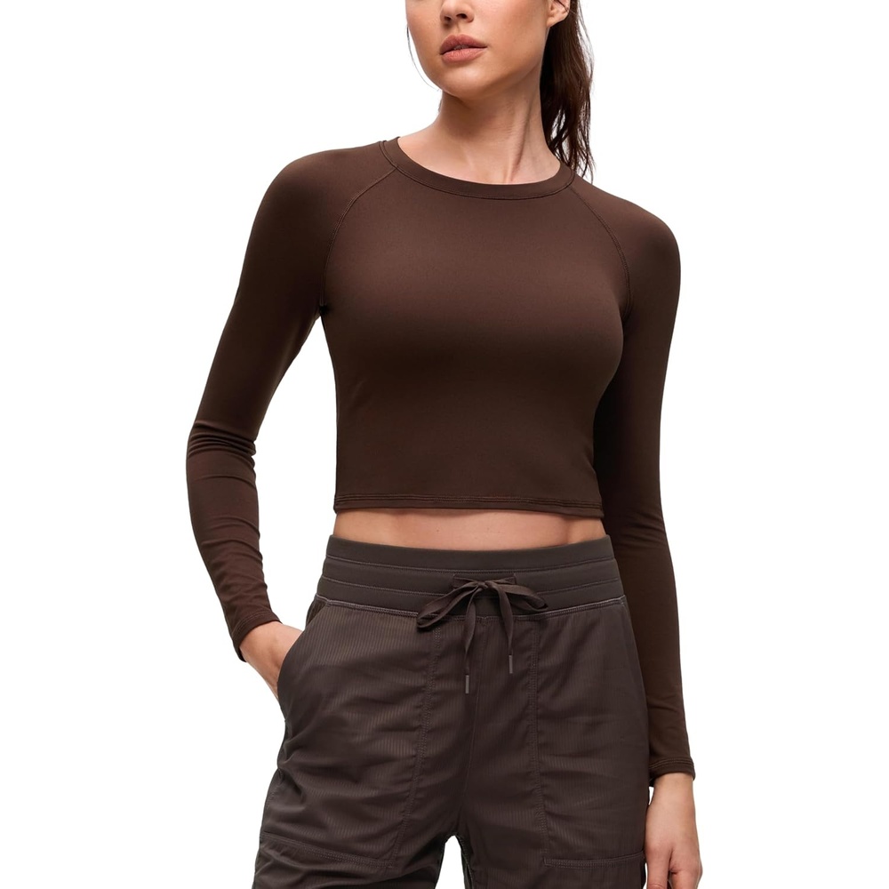 image:imageCRZ YOGA Brushed Workout Long Sleeve Shirts for Women  Warm Athletic Running Gym Yoga Tops Breathable Crop Crewneck TeesLava Brown
