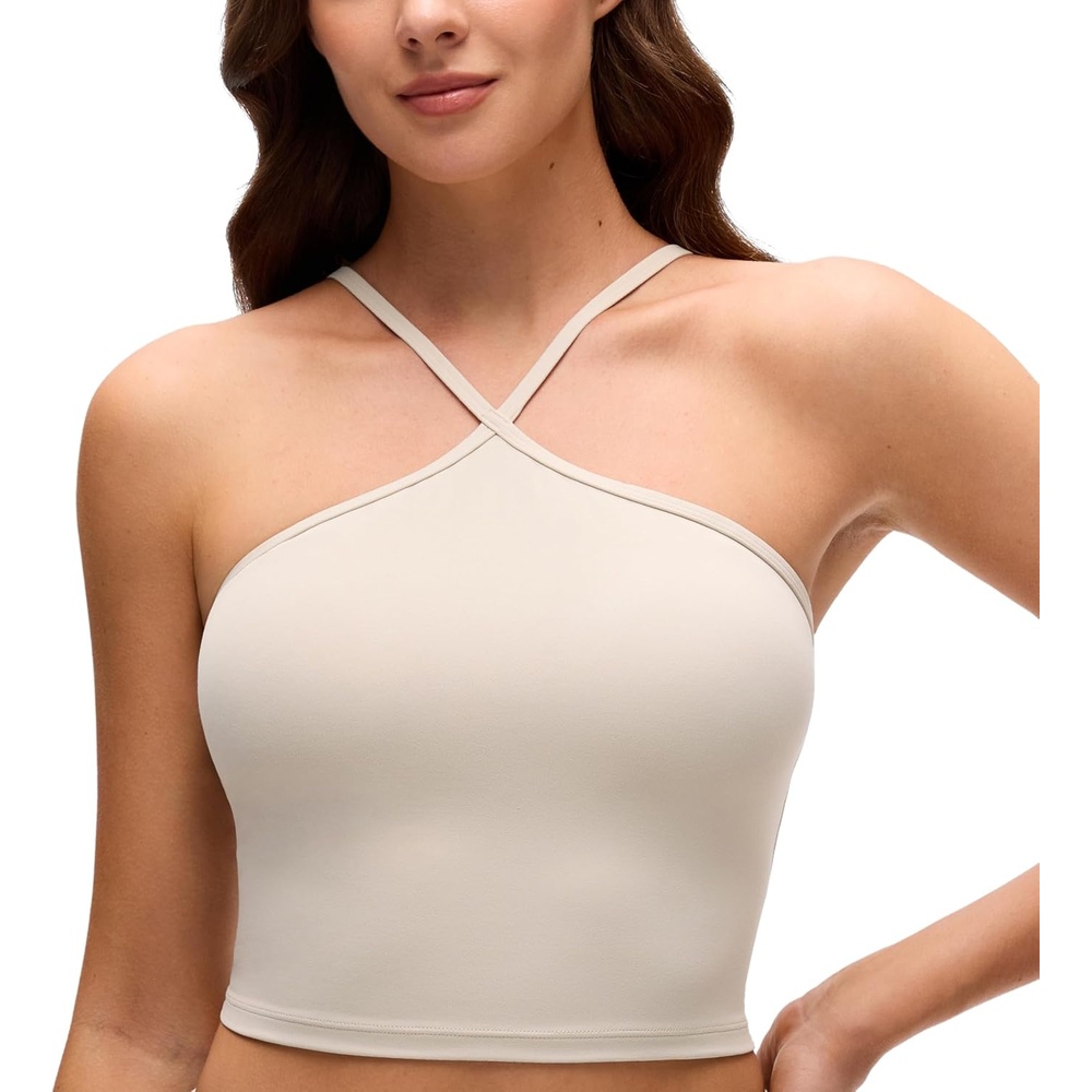 image:imageCRZ YOGA Butterluxe Cross Neck Crop Tank Tops for Women Spaghetti Straps Square Back Padded Yoga Sports BrasMojave Tan