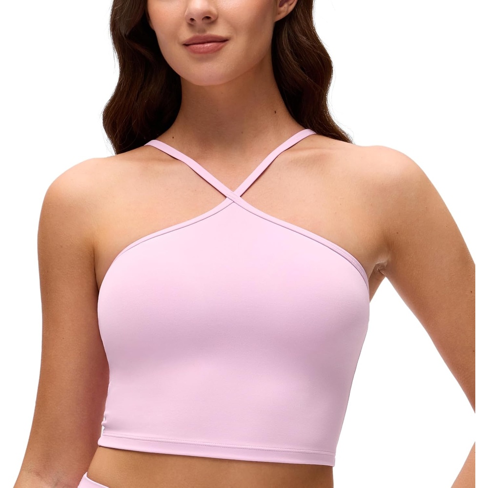 image:imageCRZ YOGA Butterluxe Cross Neck Crop Tank Tops for Women Spaghetti Straps Square Back Padded Yoga Sports BrasVita Pink