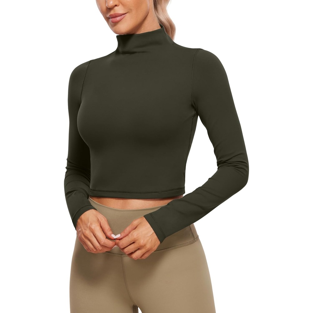 image:imageCRZ YOGA Butterluxe Mock Neck Long Sleeve Shirts for Women Workout Casual Tops Turtleneck Crop Slim Fall Base LayerOlive Green