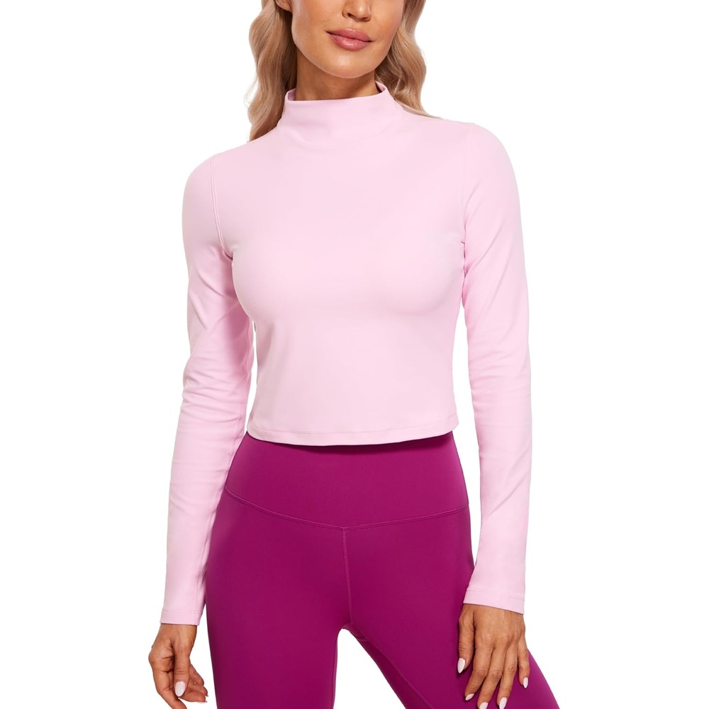 image:imageCRZ YOGA Butterluxe Mock Neck Long Sleeve Shirts for Women Workout Casual Tops Turtleneck Crop Slim Fall Base LayerPink Peony