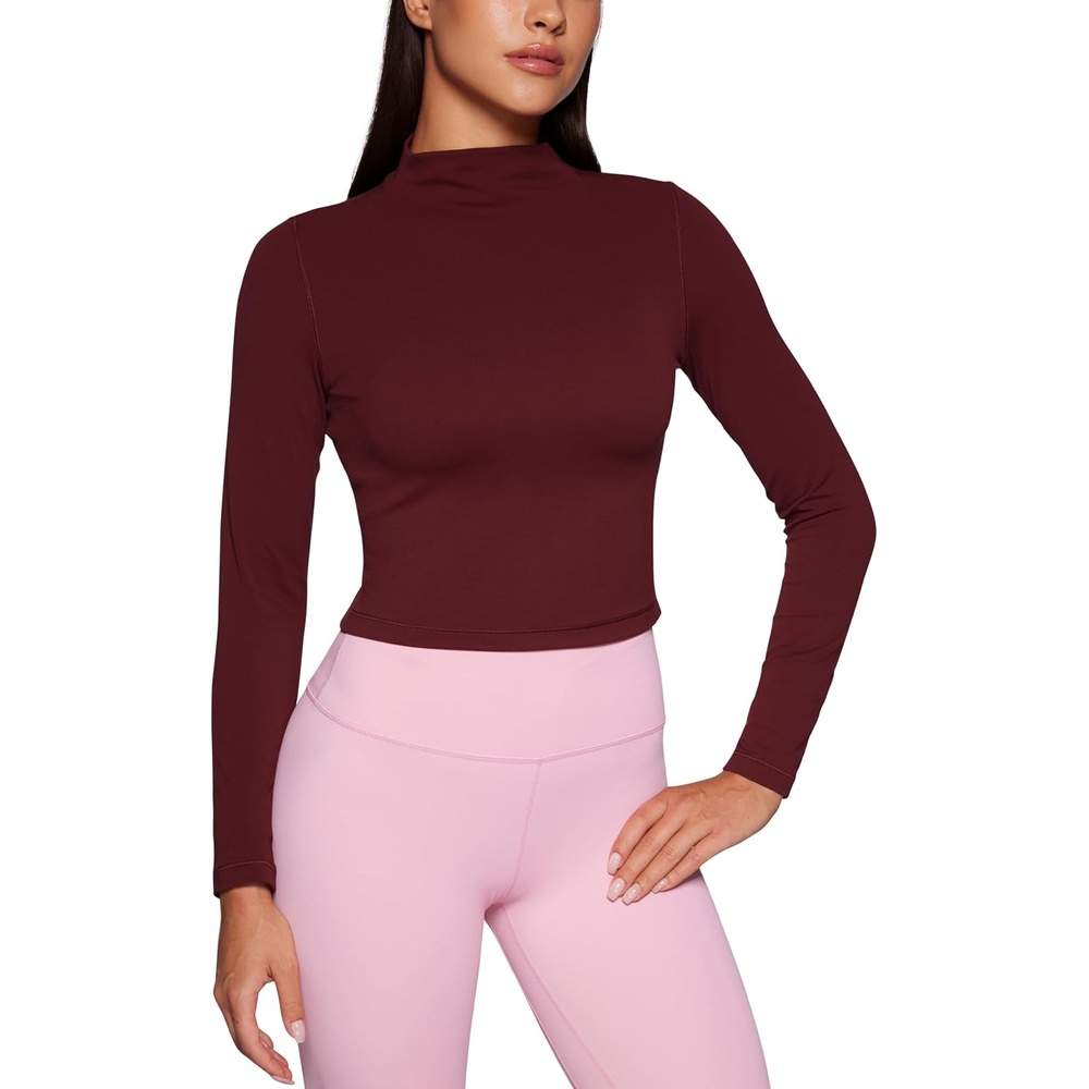 image:imageCRZ YOGA Butterluxe Mock Neck Long Sleeve Shirts for Women Workout Casual Tops Turtleneck Crop Slim Fall Base LayerRed Merlot