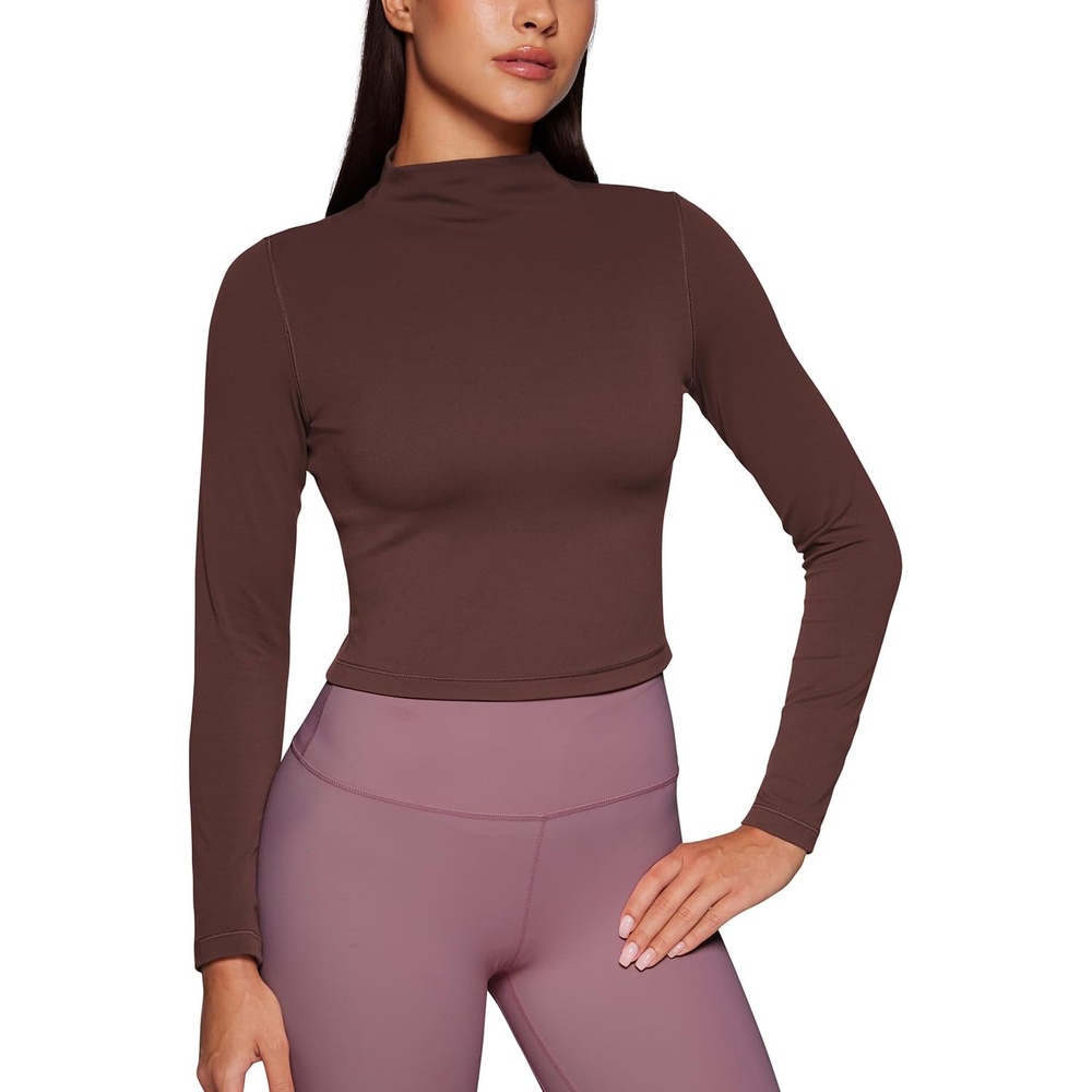 image:imageCRZ YOGA Butterluxe Mock Neck Long Sleeve Shirts for Women Workout Casual Tops Turtleneck Crop Slim Fall Base LayerTaupe