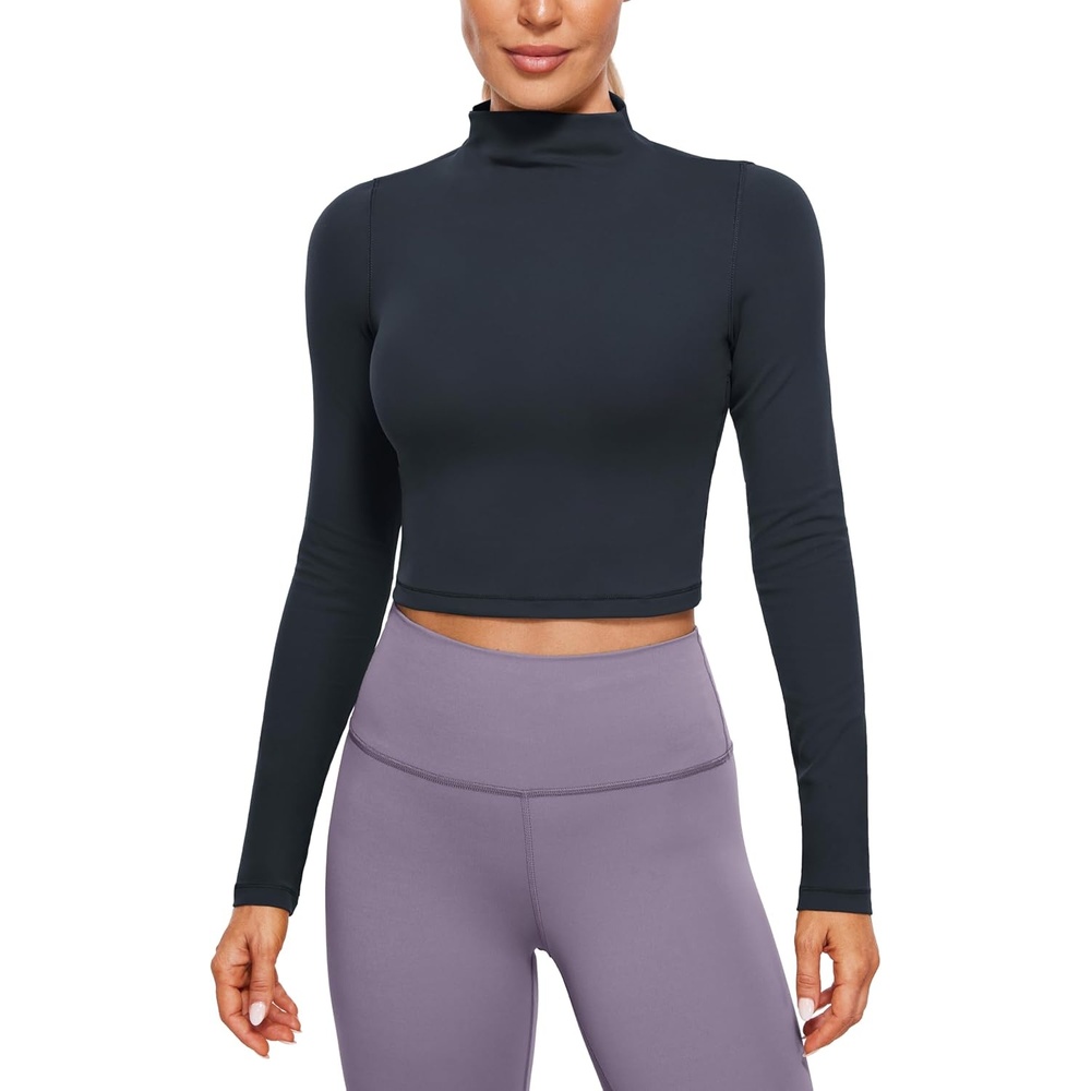 image:imageCRZ YOGA Butterluxe Mock Neck Long Sleeve Shirts for Women Workout Casual Tops Turtleneck Crop Slim Fall Base LayerTrue Navy