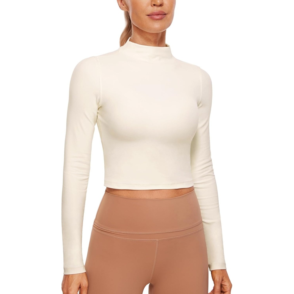 image:imageCRZ YOGA Butterluxe Mock Neck Long Sleeve Shirts for Women Workout Casual Tops Turtleneck Crop Slim Fall Base LayerWhite Apricot