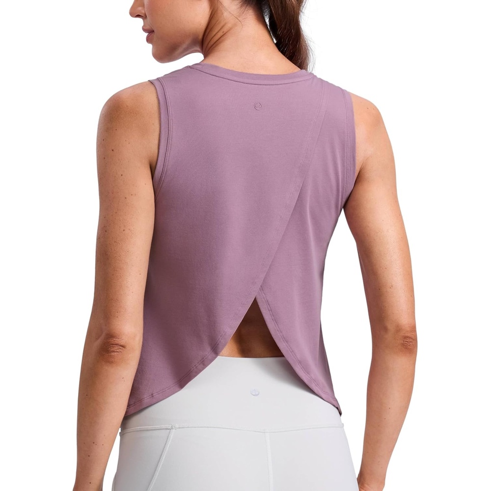 image:imageCRZ YOGA CottonBlend Split Open Back Tank Tops for Women Workout Athletic Gym Casual Crewneck Sleeveless ShirtsLight Lavender